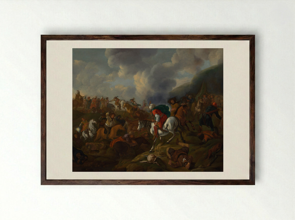 Ruitergevecht tussen Turkse troepen en troepen van de Oostenrijkse keizer - Jacques Muller - Framed Print Dark Wood