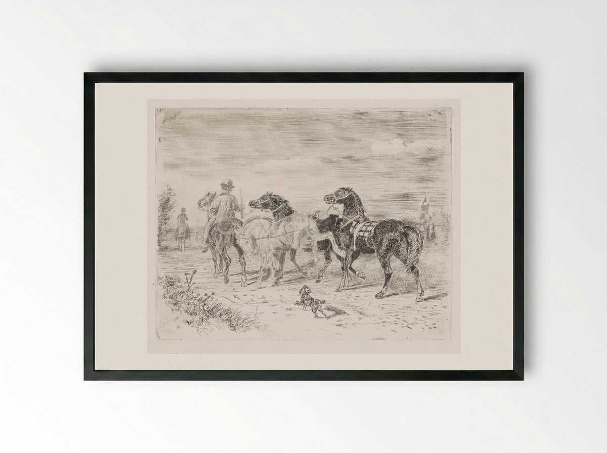 Ruiters met paarden - Cornelis Albertus Johannes Schermer - Framed Print Black