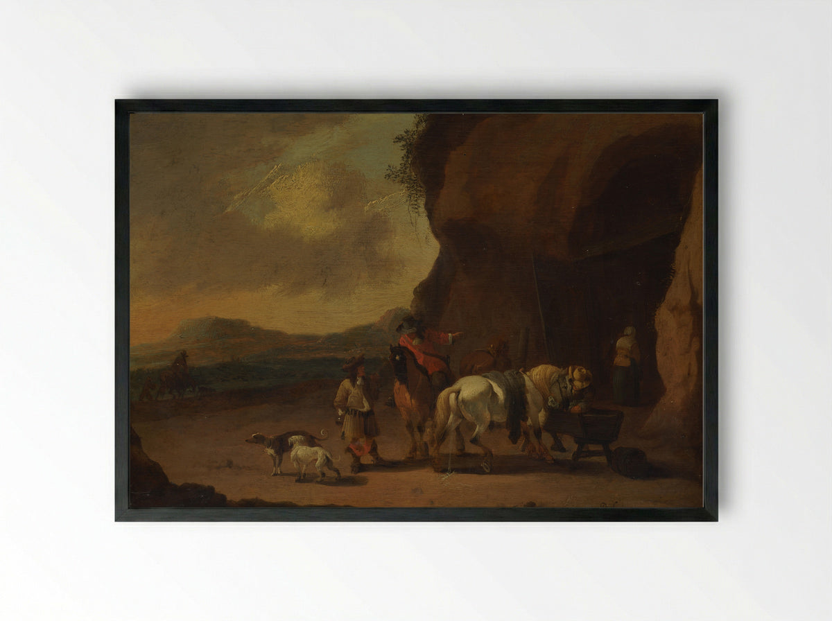 Ruiters pauzerend bij een bergpas - Pieter Bout - Framed Print Black