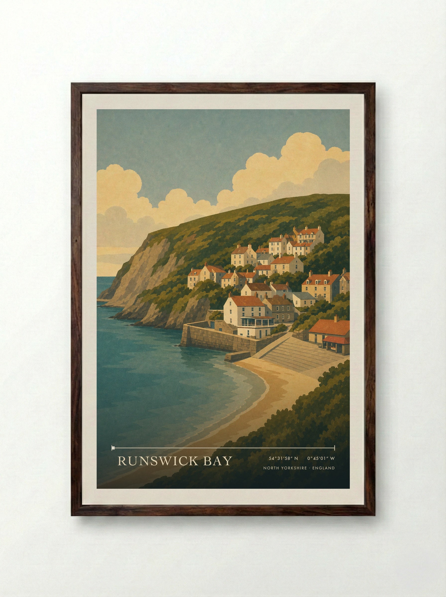 Runswick Bay Yorkshire Travel Poster - Framed Print Dark Wood