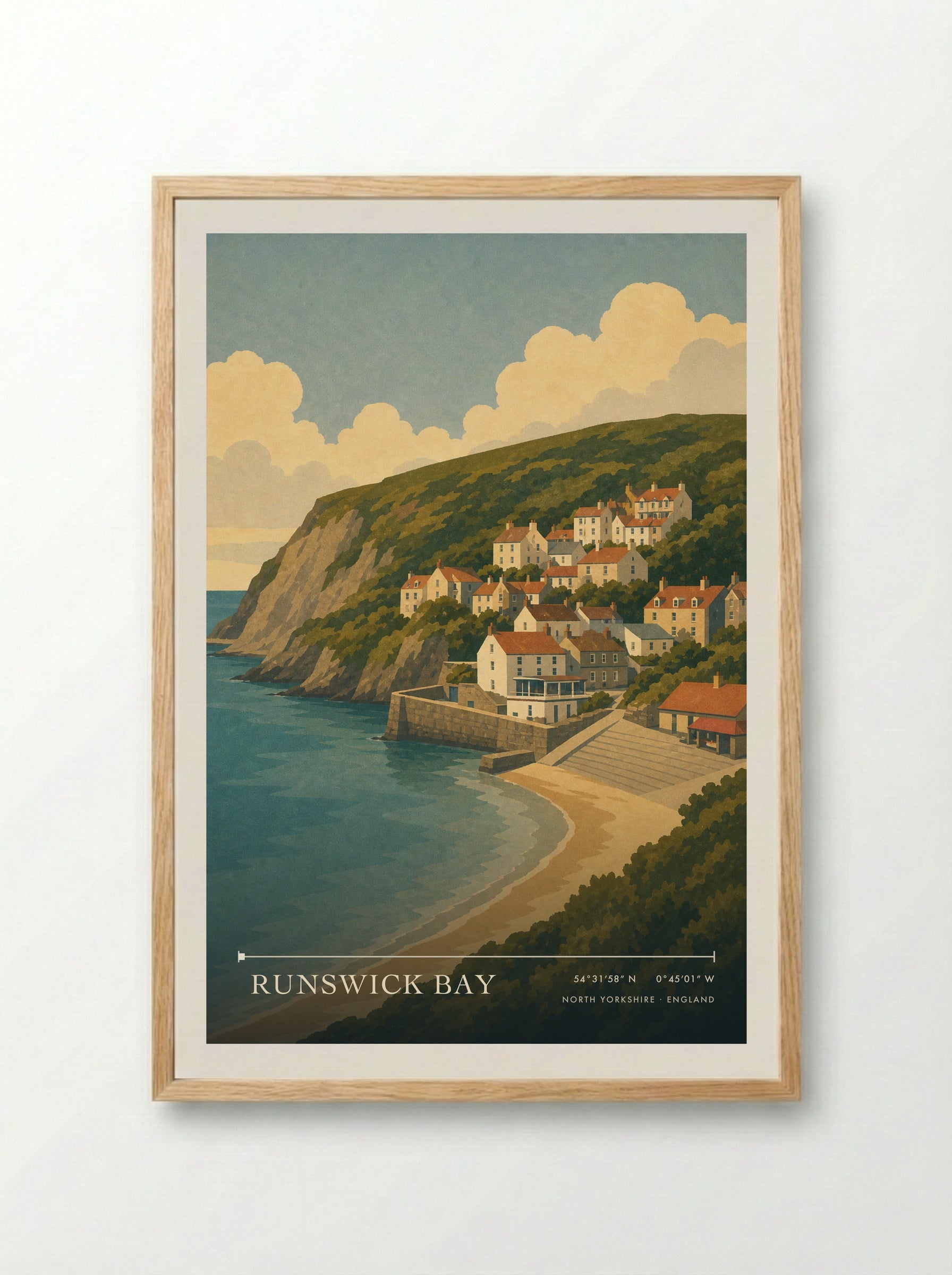 Runswick Bay Yorkshire Travel Poster - Framed Print Wood