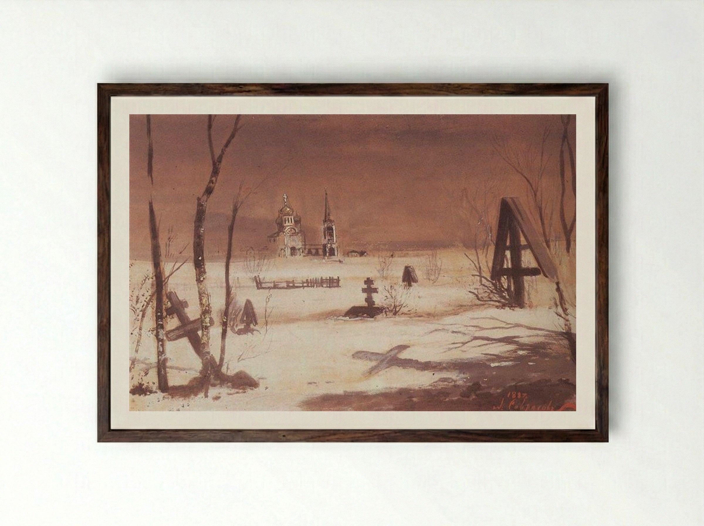 Rural Cemetery in the Moonlight - Aleksey Savrasov - Framed Print Dark Wood