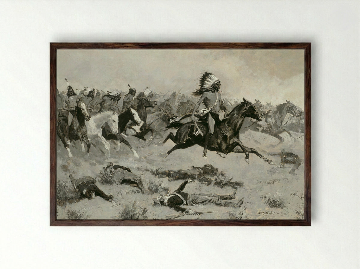 Rushing Red Lodges Passed through the Line - Frederic Remington - Framed Print Dark Wood