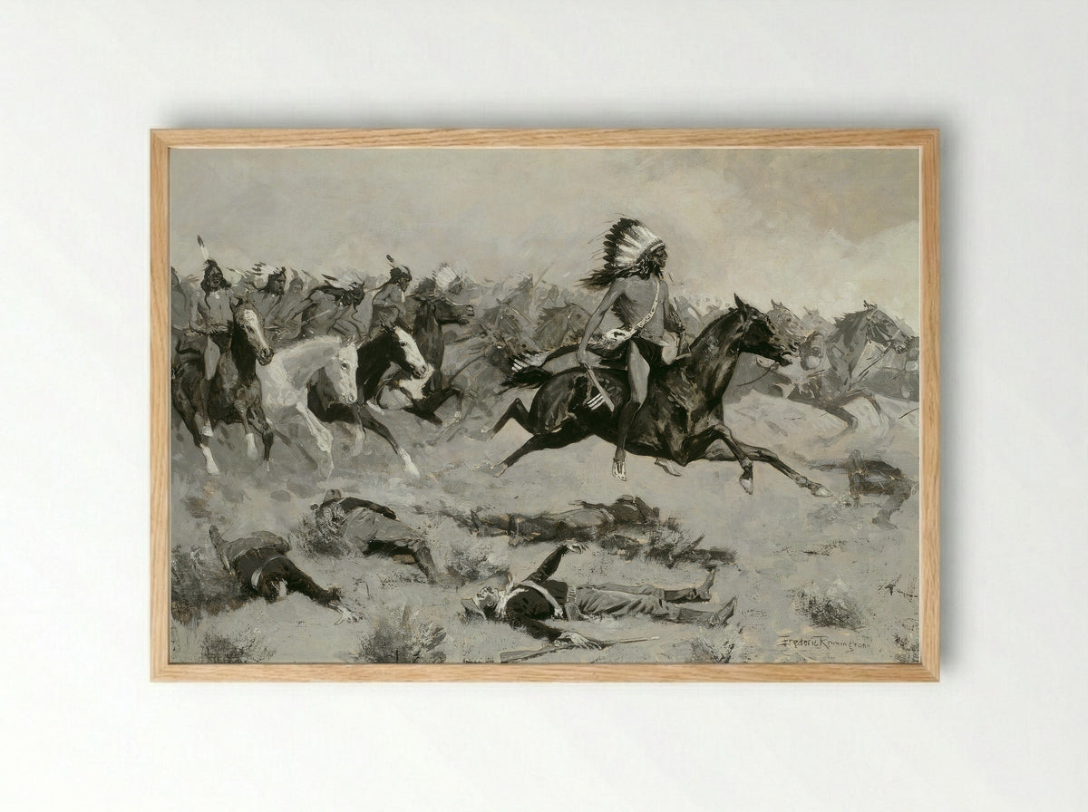 Rushing Red Lodges Passed through the Line - Frederic Remington - Framed Print Wood