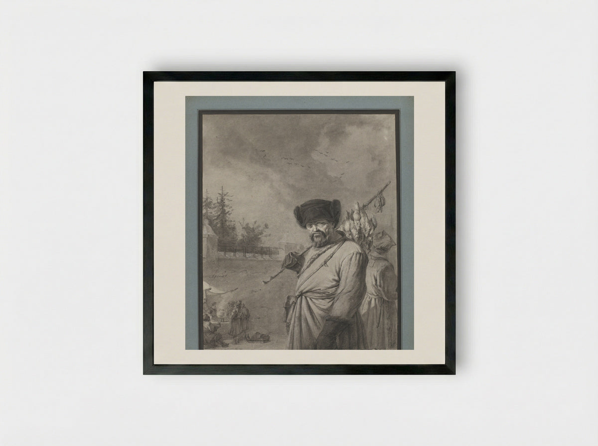 Russian Peasant with Game Birds on a Pole - Charles Echard - Framed Print Black