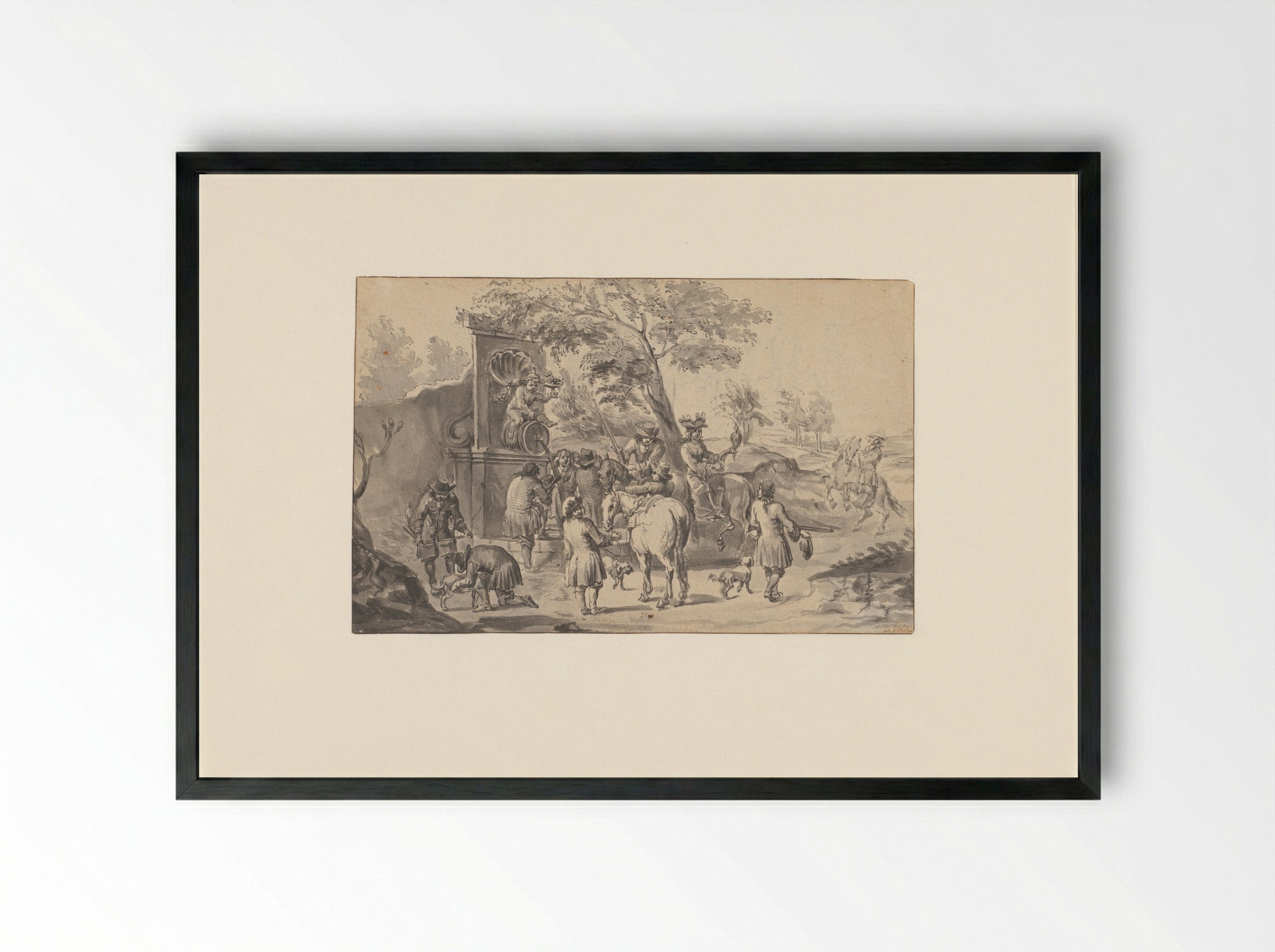 Rust op de valkenjacht, bij een Bacchus-bron - Pieter Bout - Framed Print Black