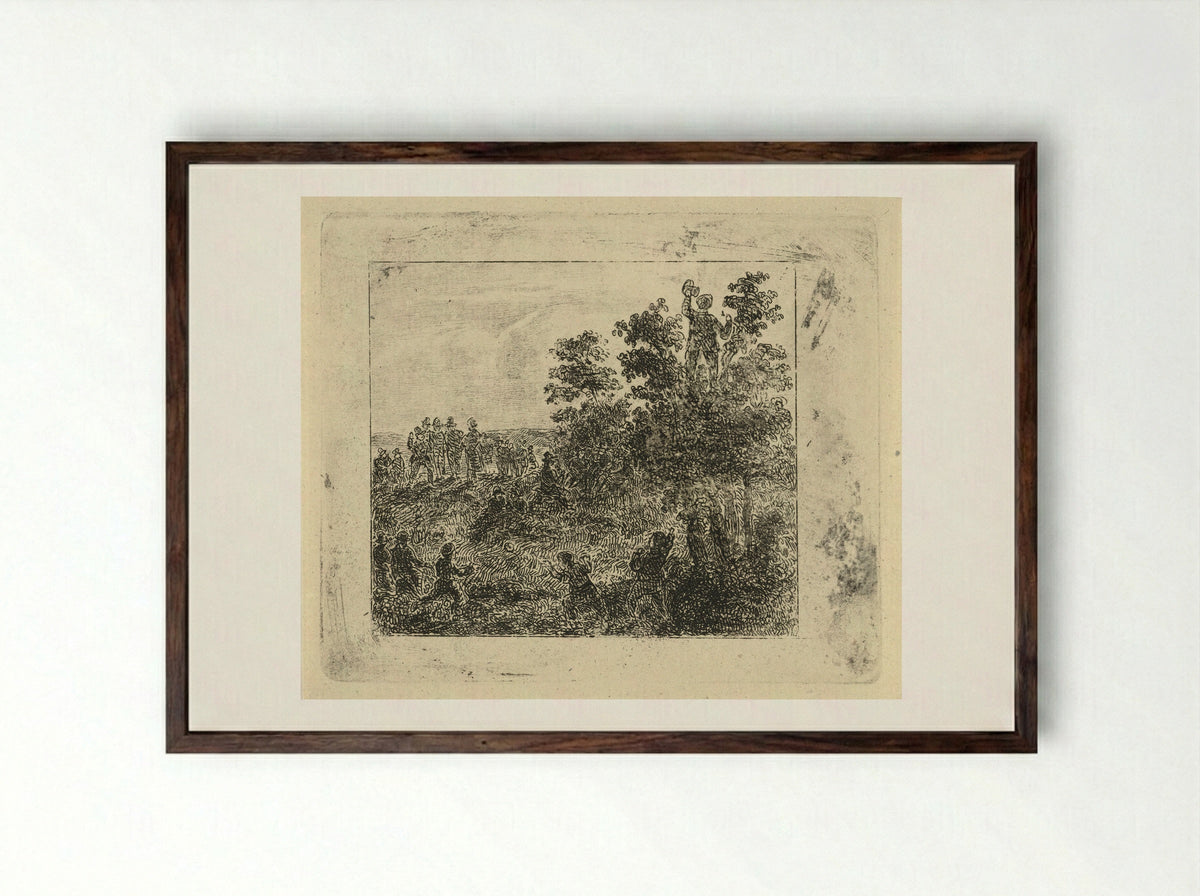Rustend groepje wandelaars met balspelende kinderen - Johannes Adrianus van der Drift - Framed Print Dark Wood