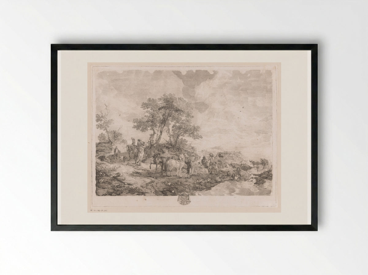 Rustend jachtgezelschap bij een beek - Jean Moyreau - Framed Print Black