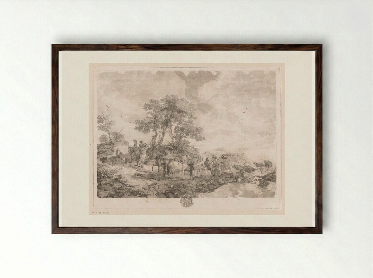 Rustend jachtgezelschap bij een beek - Jean Moyreau - Framed Print Dark Wood