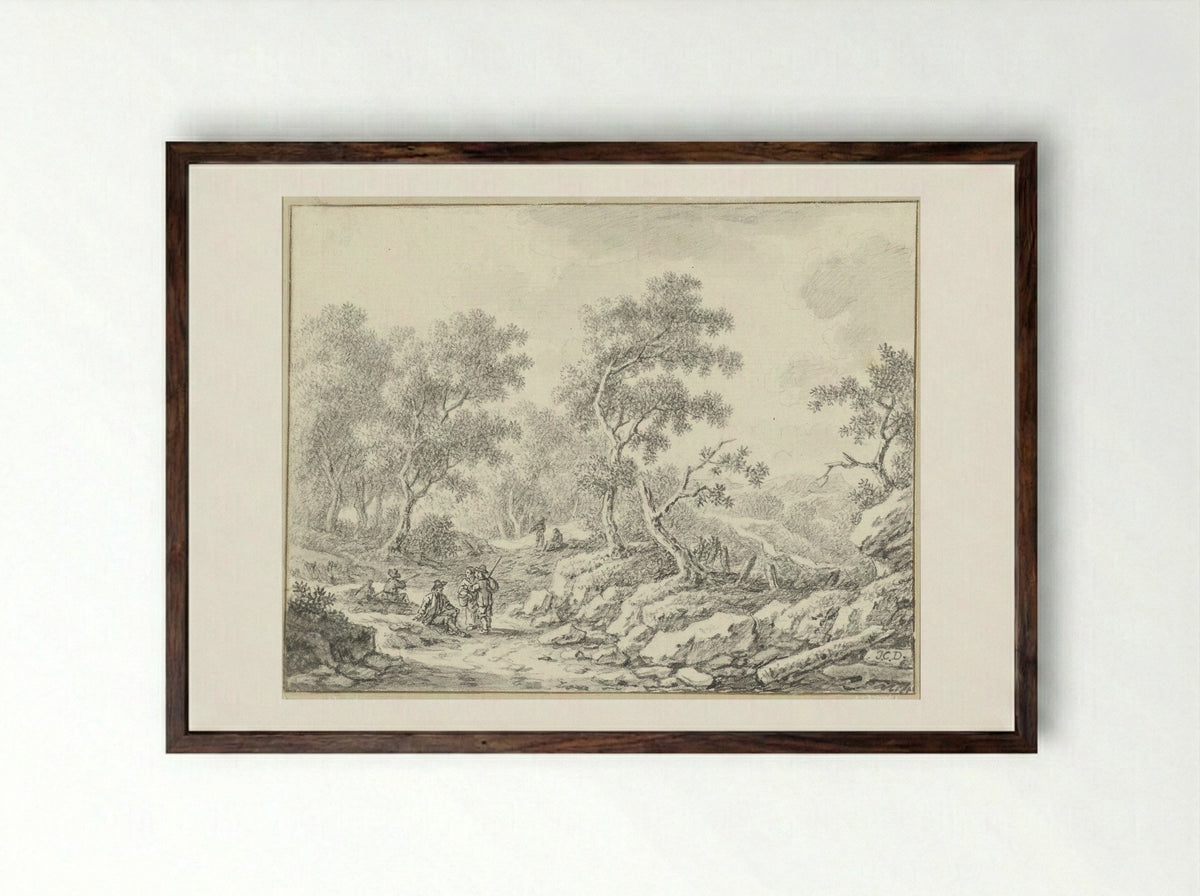 Rustende en wandelende personen in boomrijk landschap - Johann Christoph Dietzsch - Framed Print Dark Wood