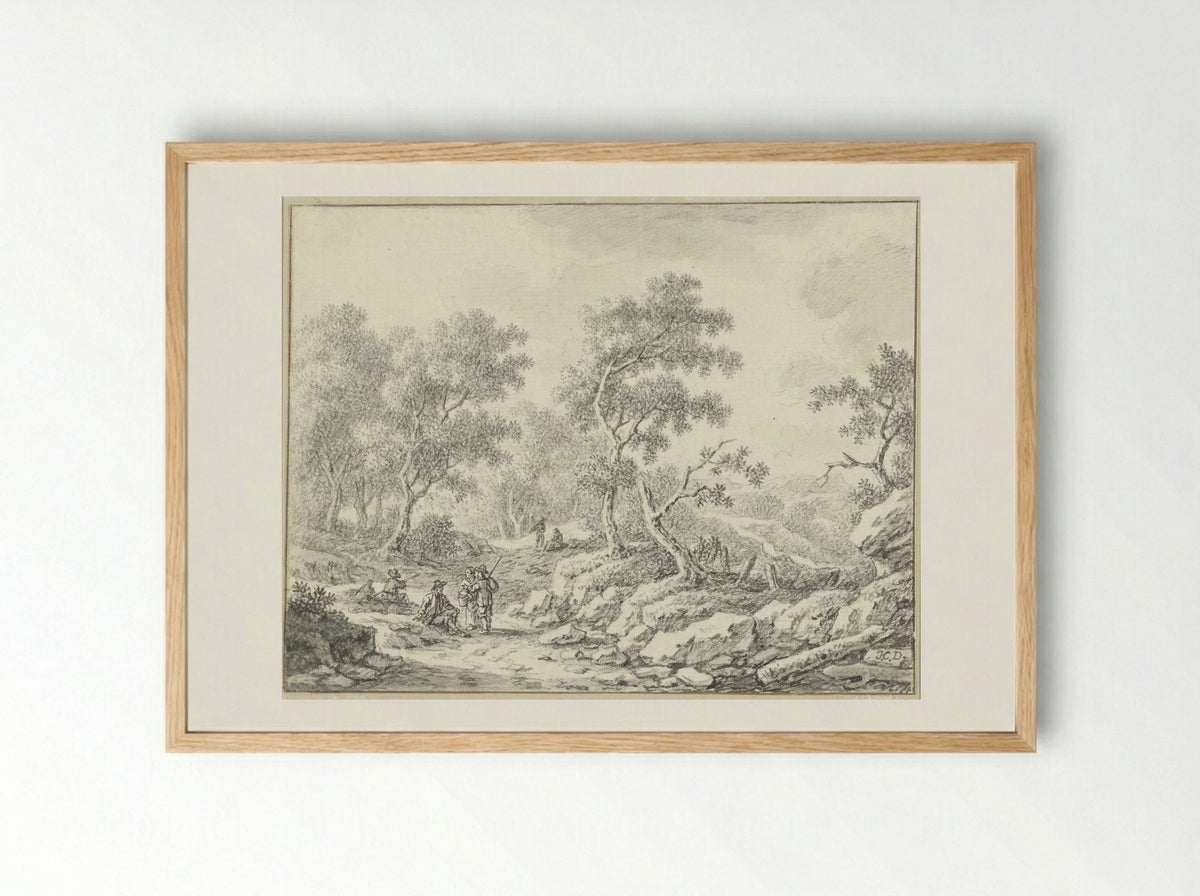 Rustende en wandelende personen in boomrijk landschap - Johann Christoph Dietzsch - Framed Print Wood