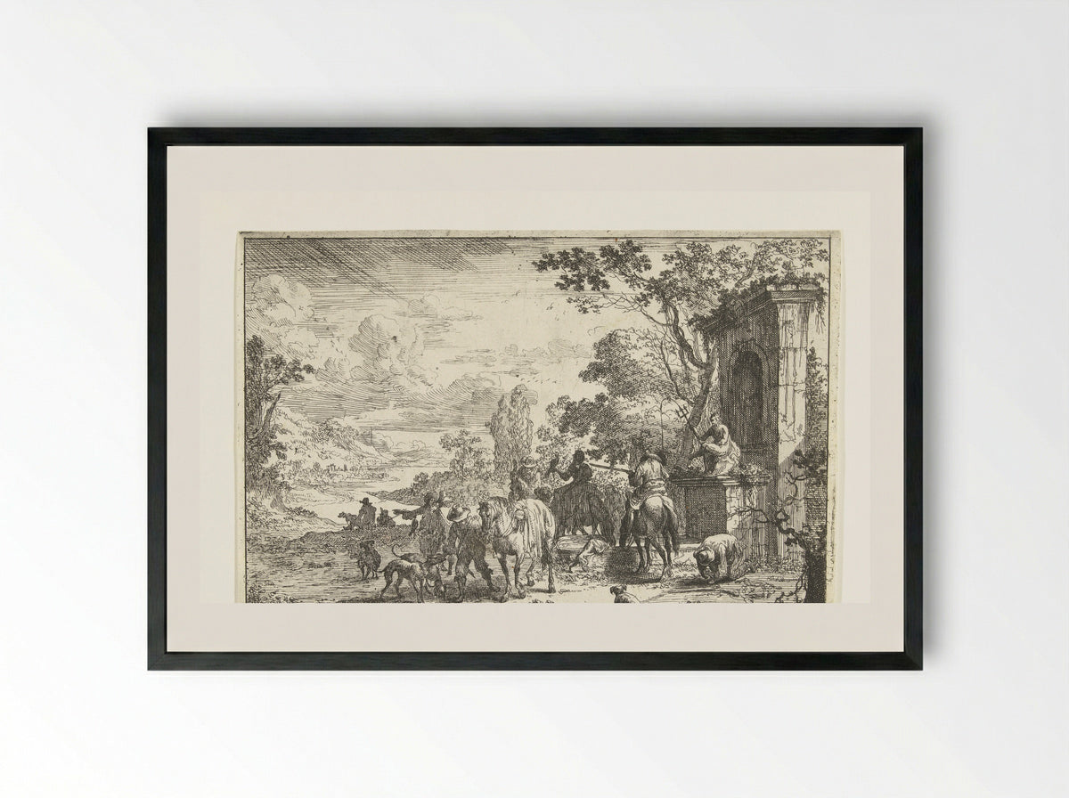 Rustende jagers bij een Neptunusfontein - Pieter Bout - Framed Print Black