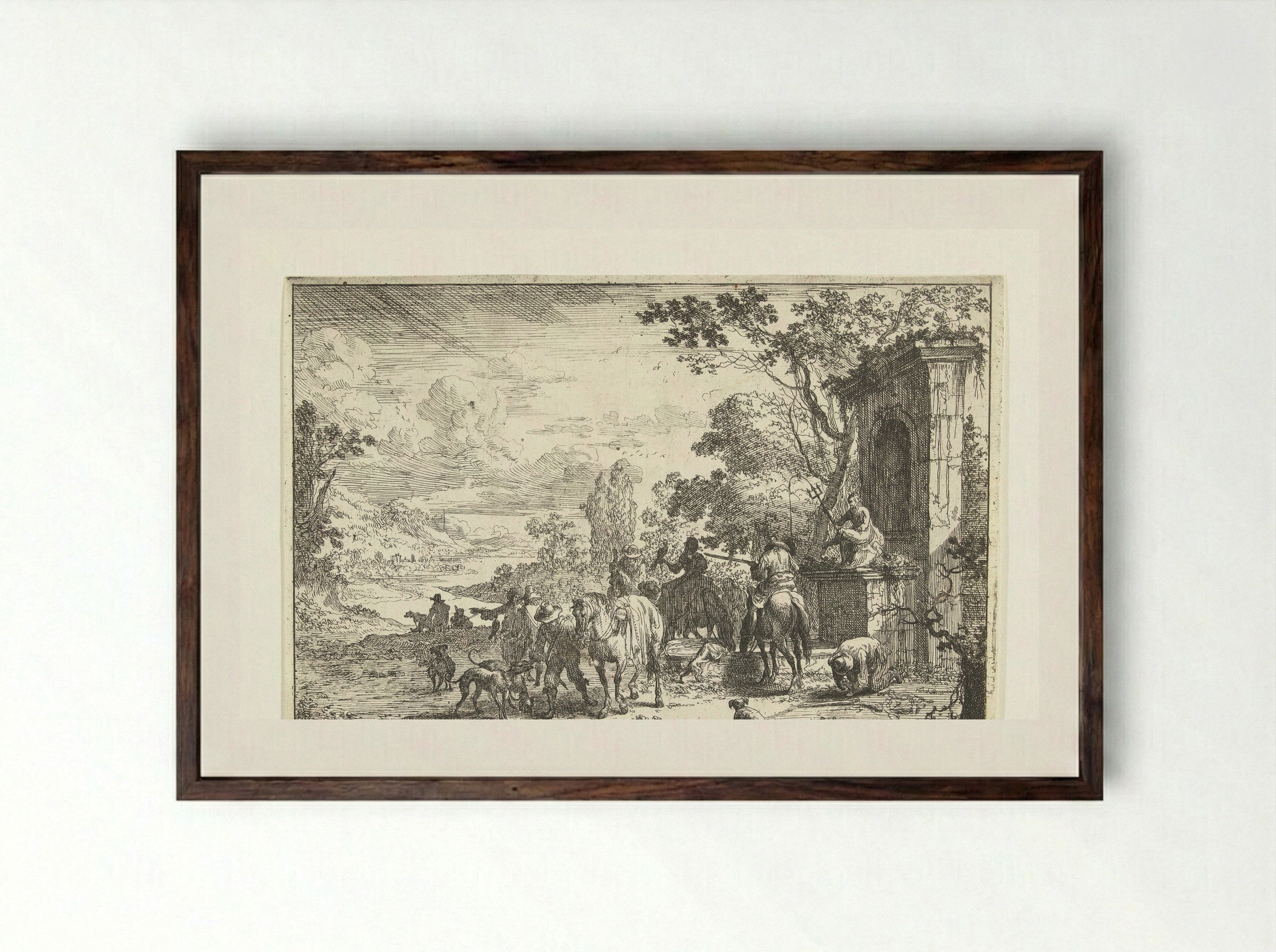 Rustende jagers bij een Neptunusfontein - Pieter Bout - Framed Print Dark Wood