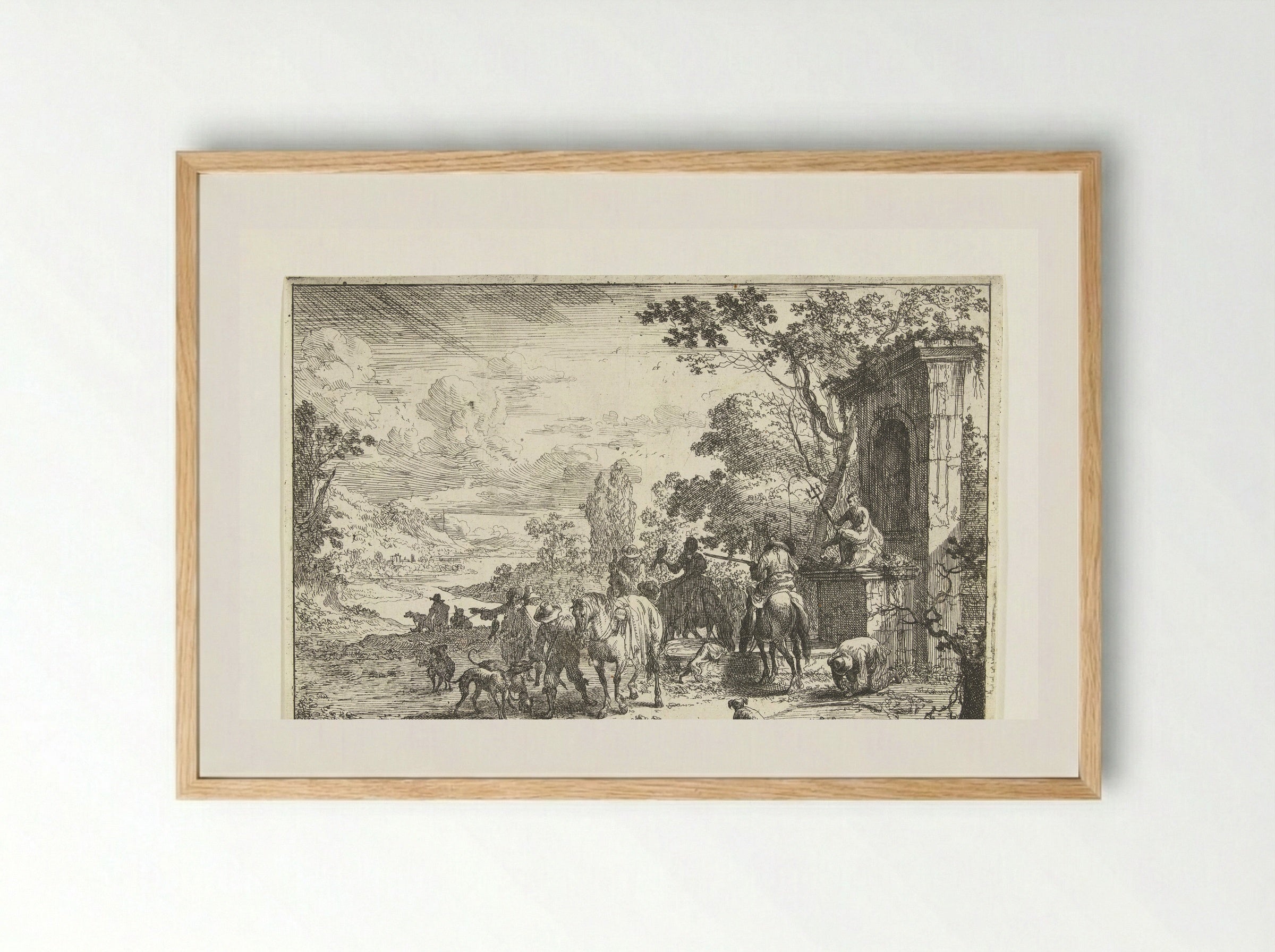 Rustende jagers bij een Neptunusfontein - Pieter Bout - Framed Print Wood