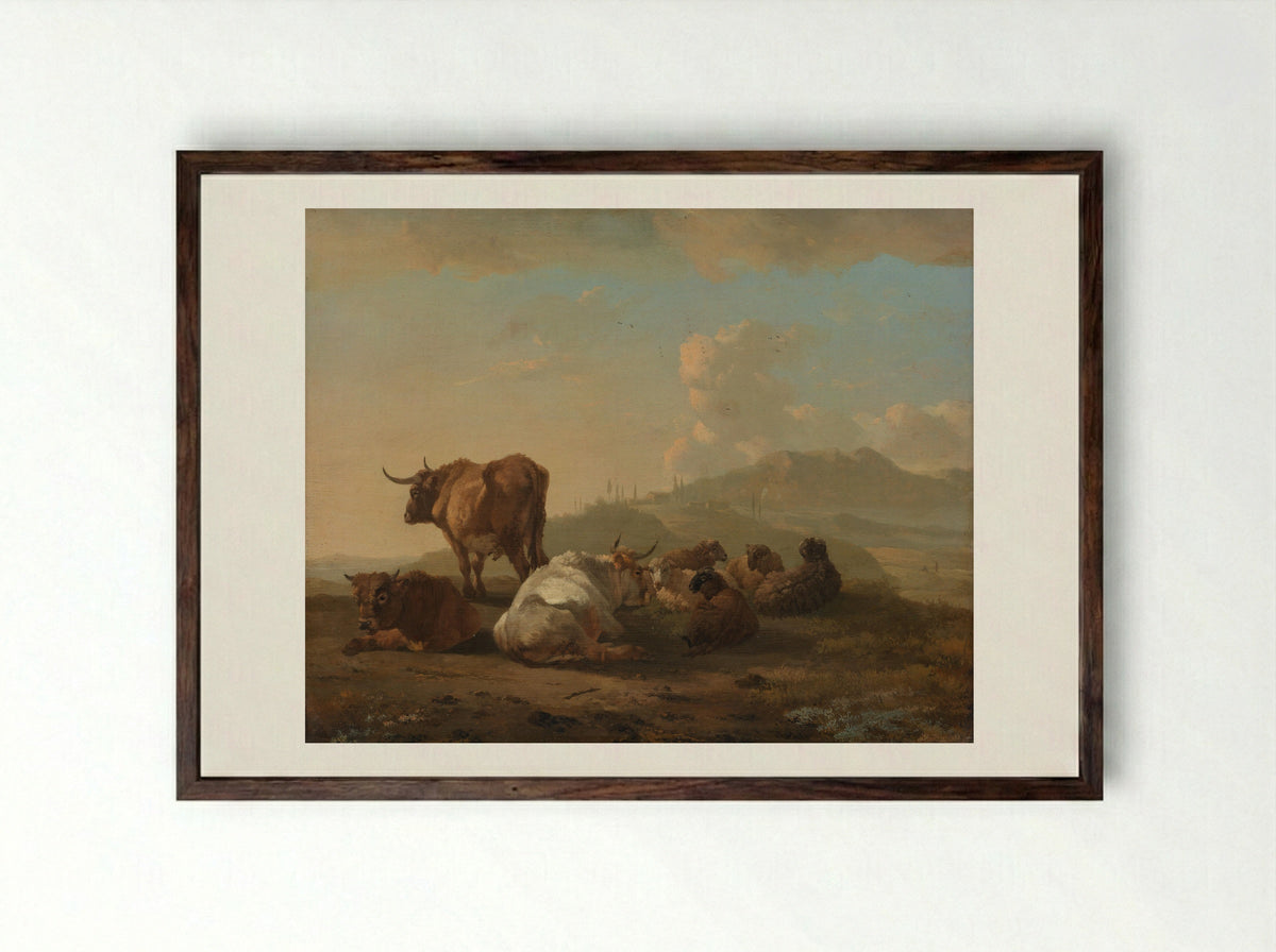 Rustende kudde (Resting Herd) - Willem Romeyn - Framed Print Dark Wood