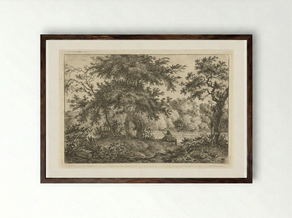 Rustende man in bos - Hermanus Fock - Framed Print Dark Wood