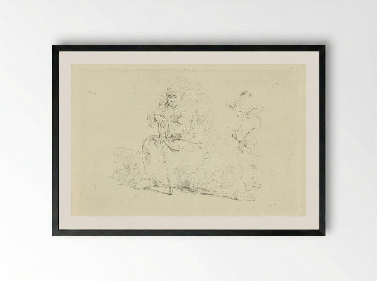 Rustende vrouw leunend op een stok - Jean Zacherie Mazel - Framed Print Black