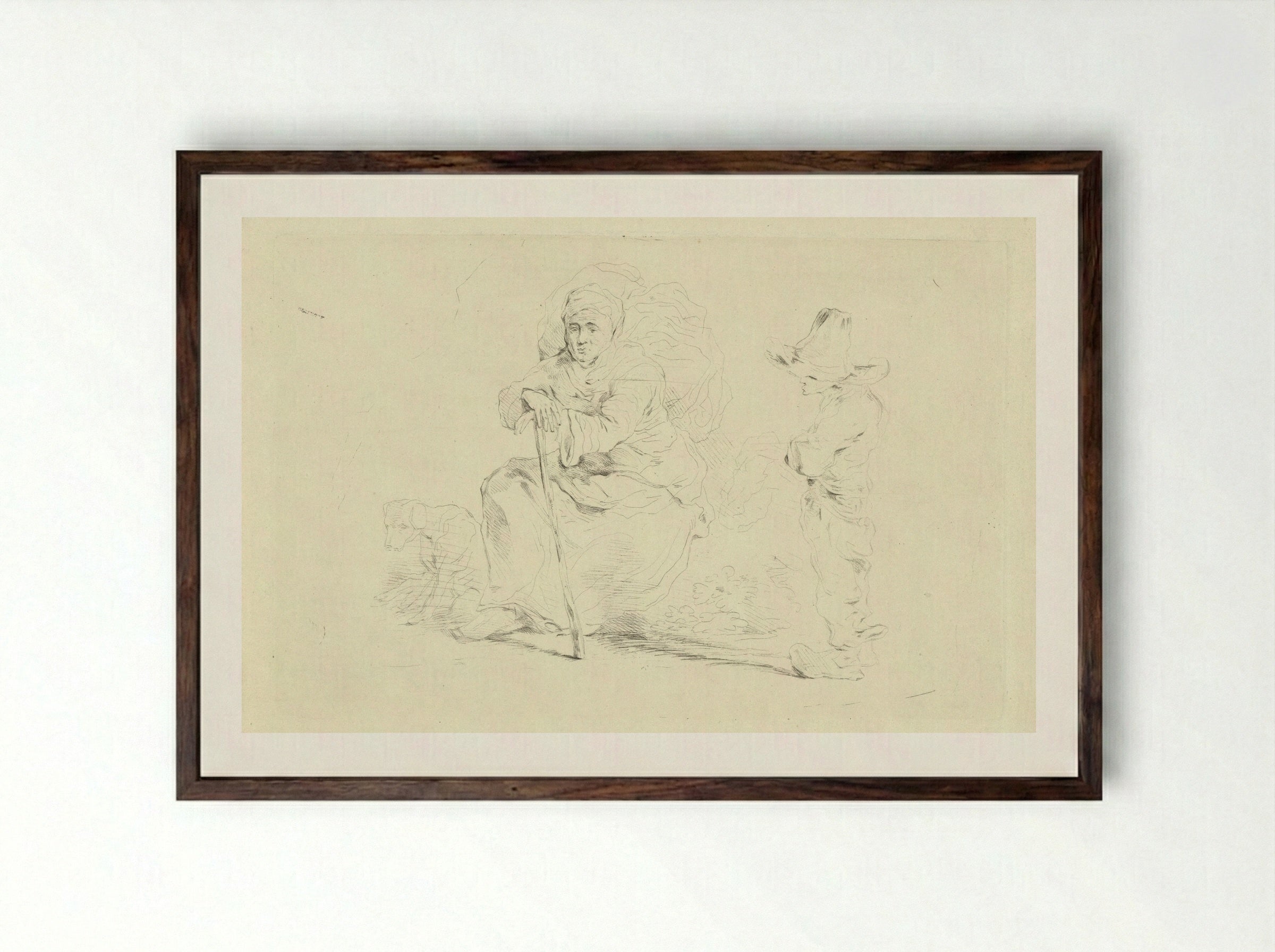 Rustende vrouw leunend op een stok - Jean Zacherie Mazel - Framed Print Dark Wood