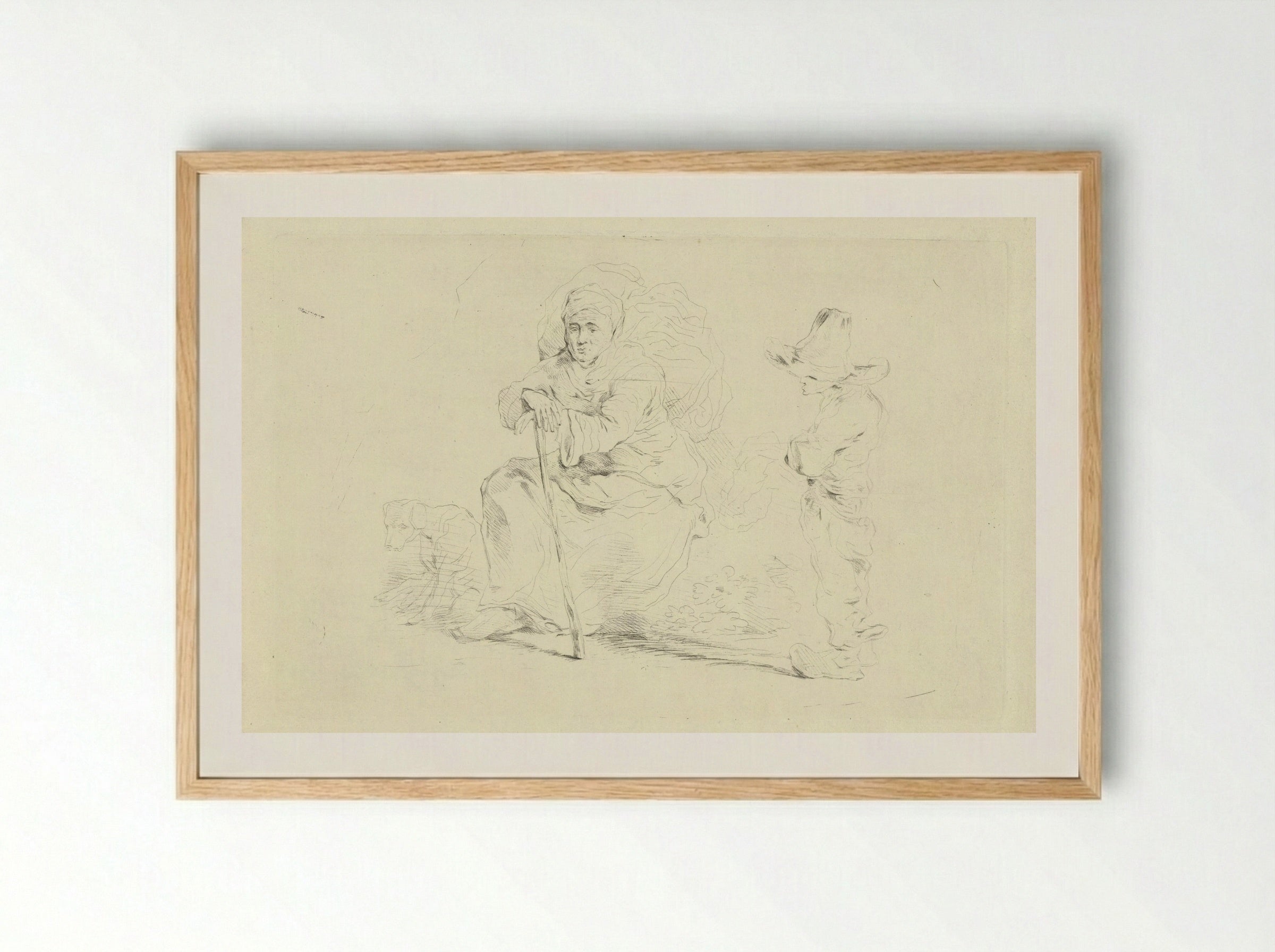 Rustende vrouw leunend op een stok - Jean Zacherie Mazel - Framed Print Wood