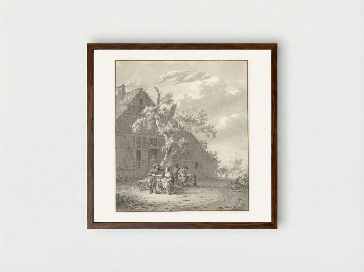 Rustende wandelaars bij herberg - Dirk Jan van der Laan - Framed Print Dark Wood