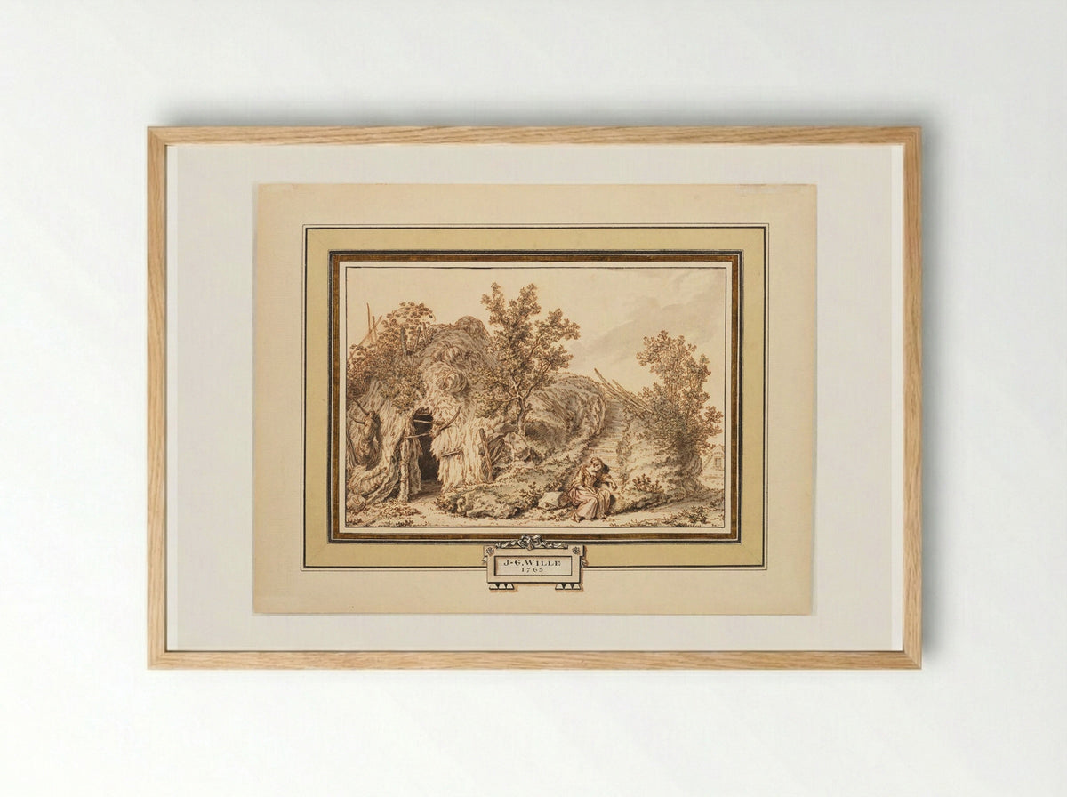 Rustic Cottage with Seated Woman - Johann Georg Wille - Framed Print Wood