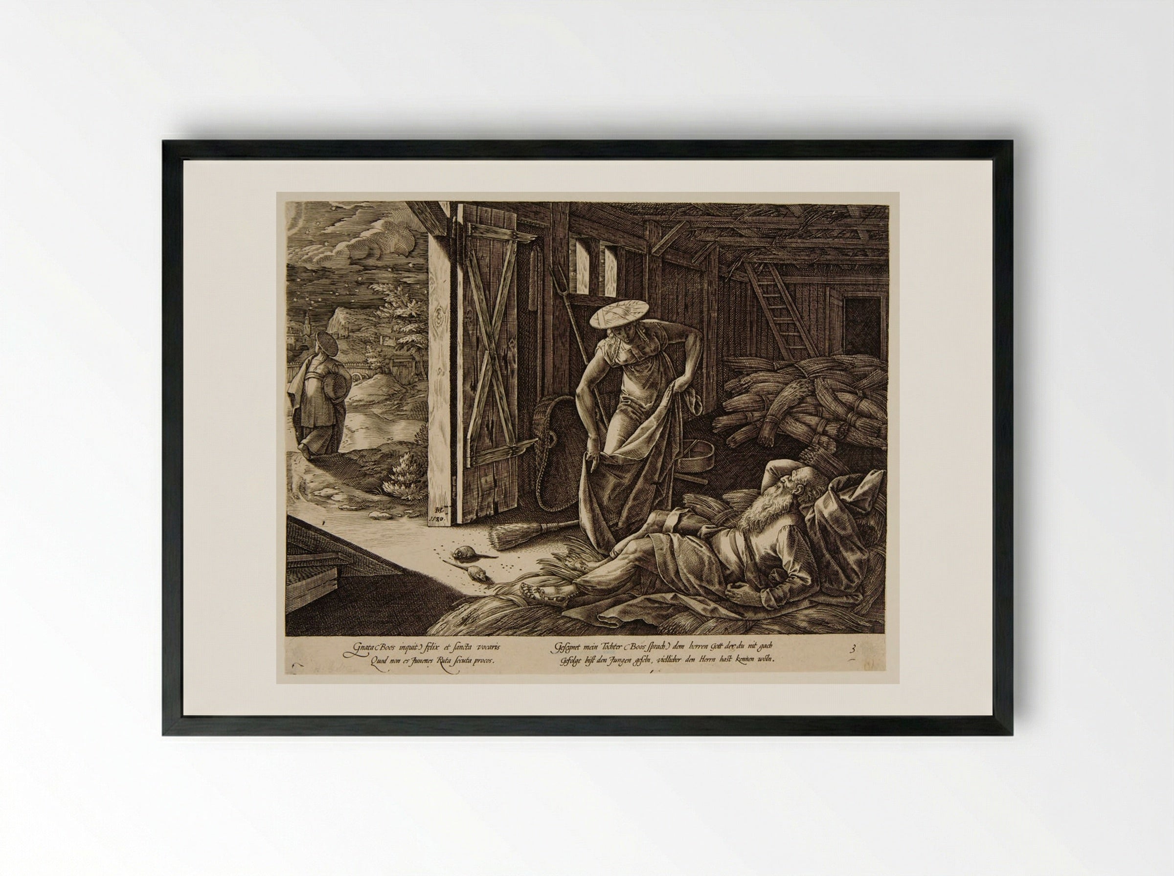 Ruth and Boaz in the Threshing Shed - Hendrick Goltzius - Framed Print Black