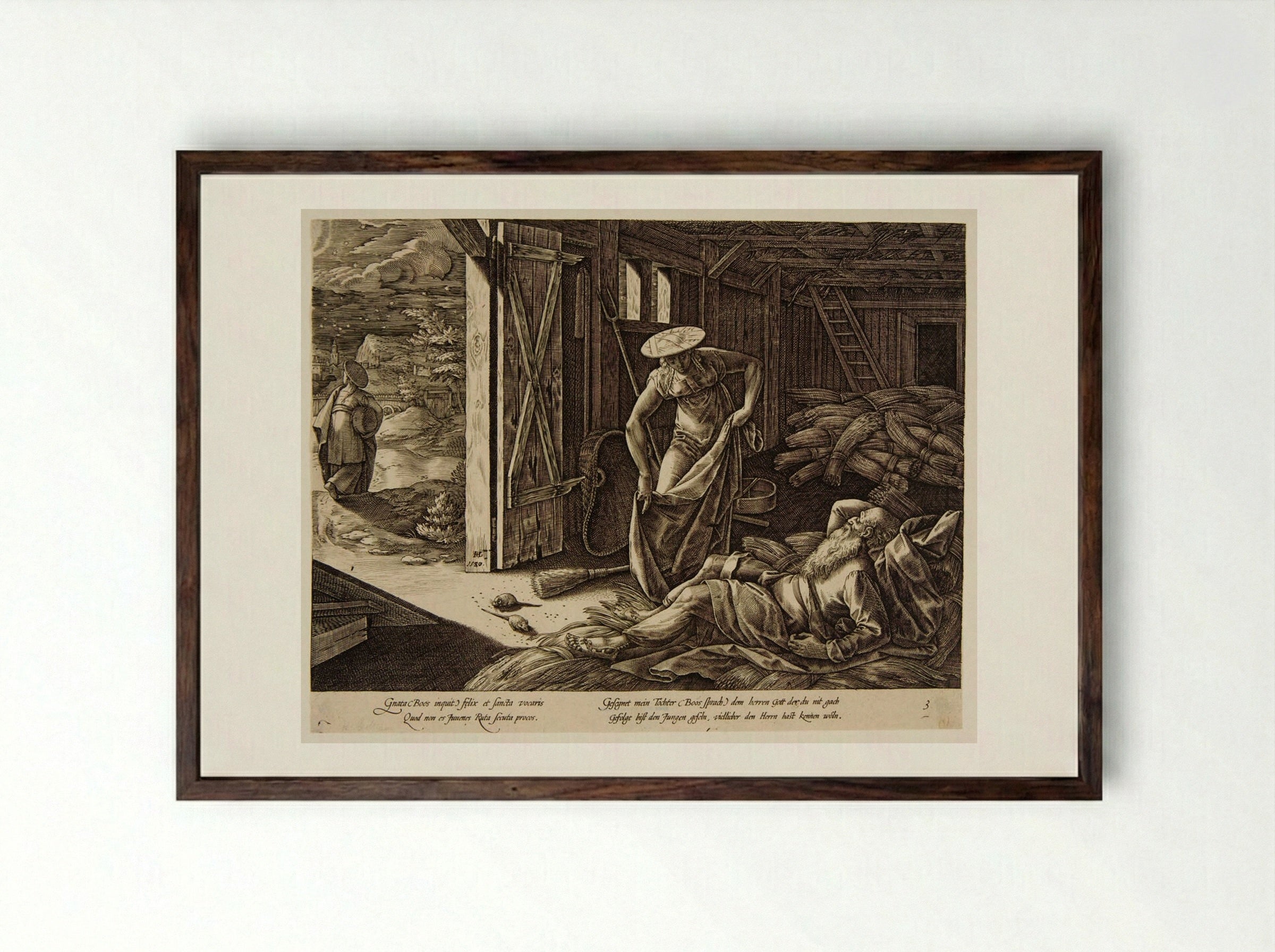 Ruth and Boaz in the Threshing Shed - Hendrick Goltzius - Framed Print Dark Wood
