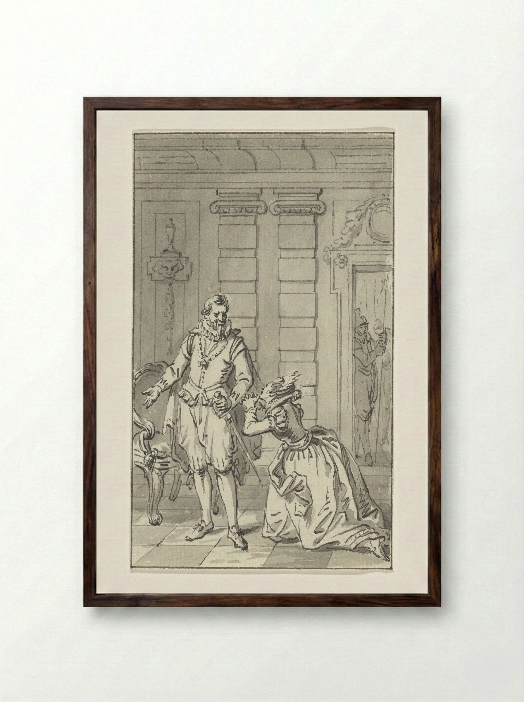 Sabine van Beieren smeekt Alva haar man, de graaf van Egmond, vrij te laten, juni 1568 - Jacobus Buys - Framed Print Dark Wood