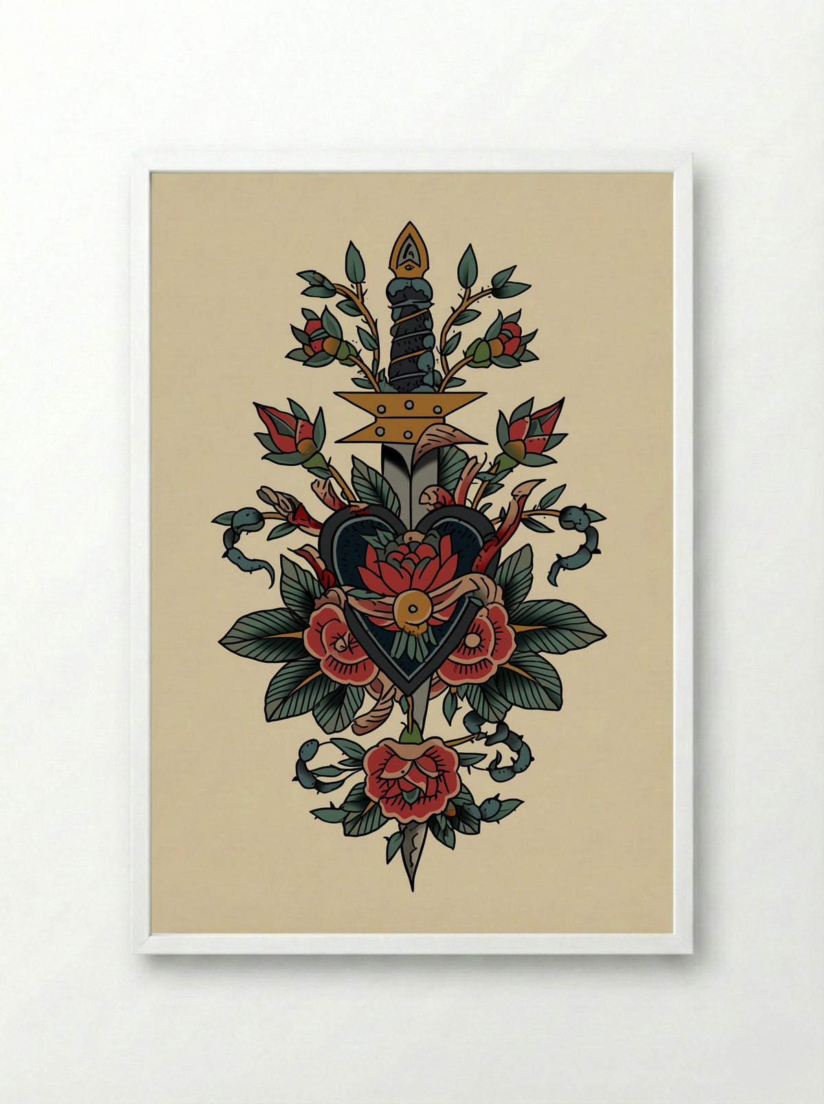 Sacred Heart and Dagger - Neo Traditional Tattoo Print - Framed Print White