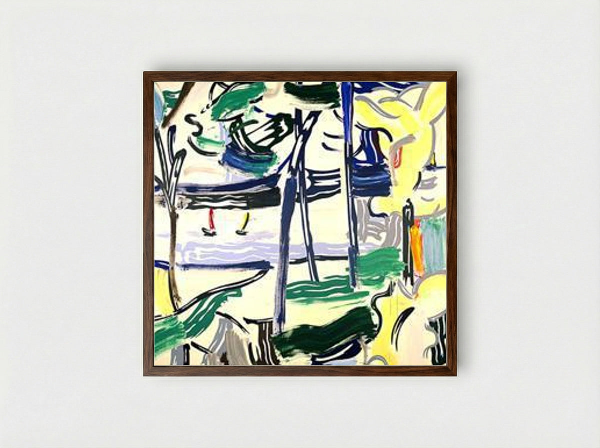 Sailboats through the trees - Roy Lichtenstein - Framed Print Dark Wood