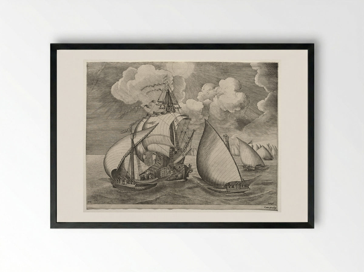 Sailing Vessels: A Fleet of Galleys Escorted by a Caravel - Pieter Bruegel the Elder - Framed Print Black