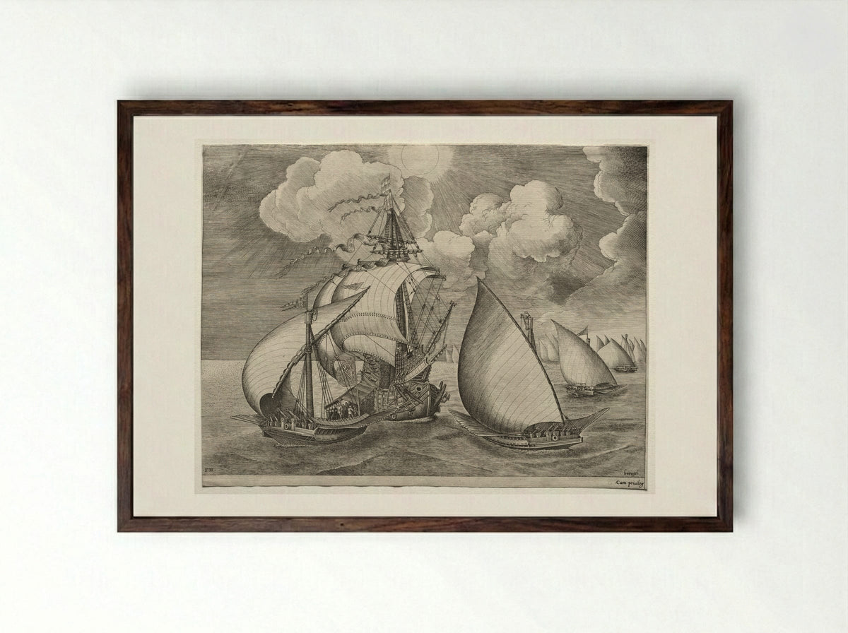 Sailing Vessels: A Fleet of Galleys Escorted by a Caravel - Pieter Bruegel the Elder - Framed Print Dark Wood