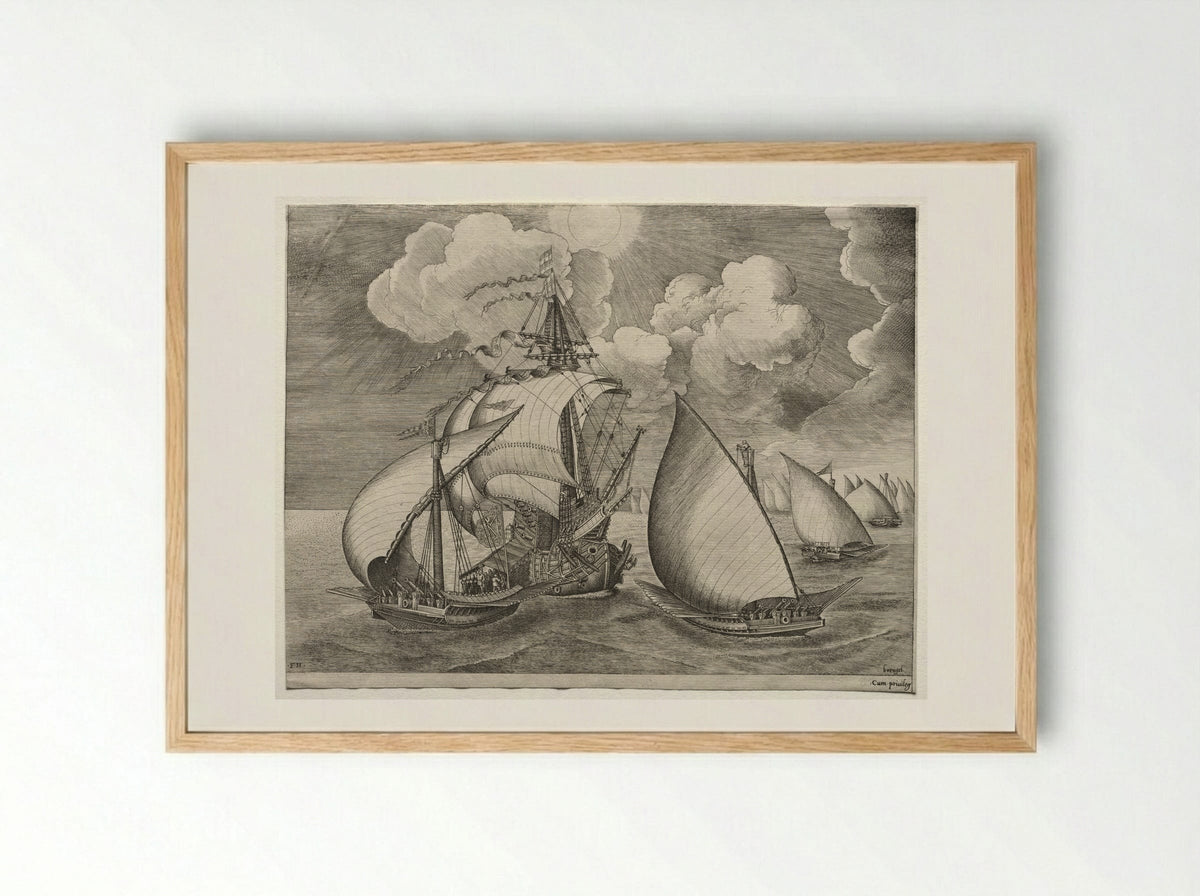 Sailing Vessels: A Fleet of Galleys Escorted by a Caravel - Pieter Bruegel the Elder - Framed Print Wood