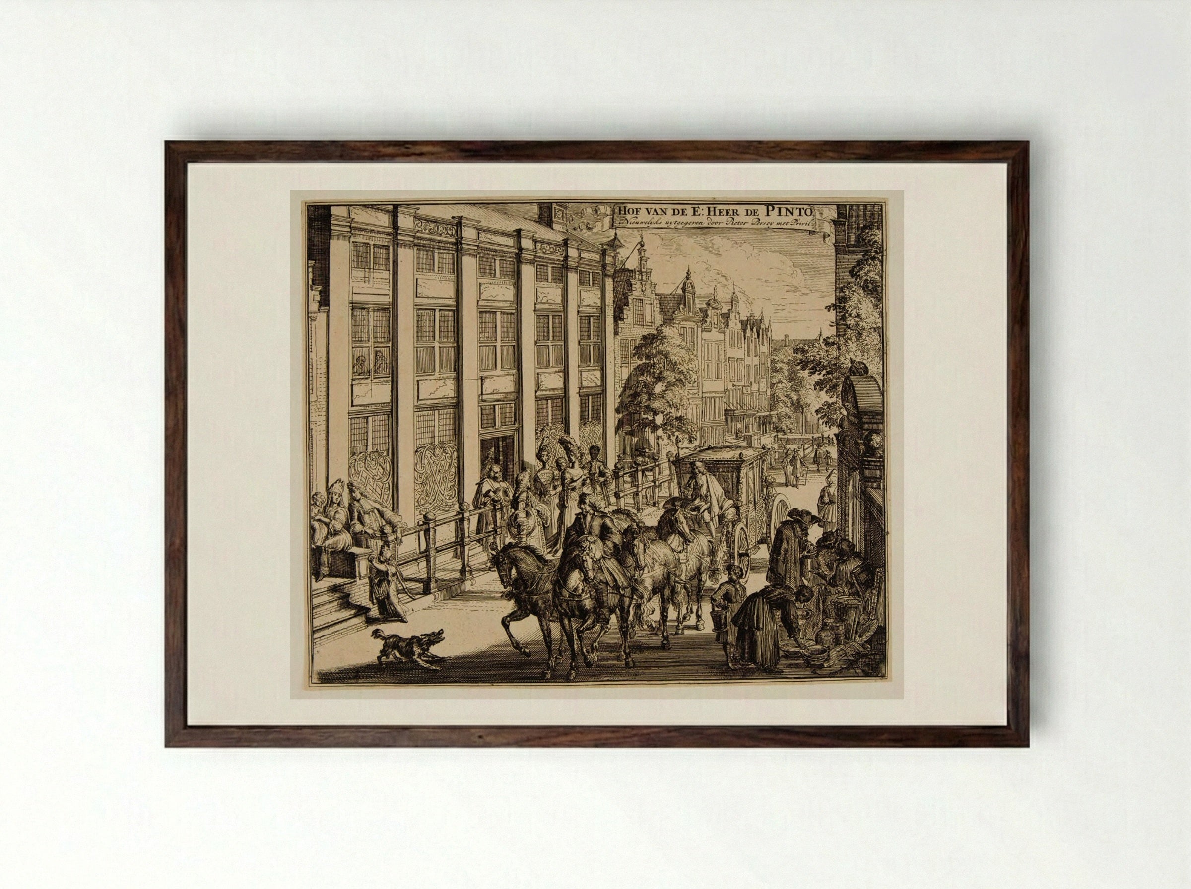 Saint Anthonisbreestraat with the De Pinto House - Romeyn de Hooghe - Framed Print Dark Wood