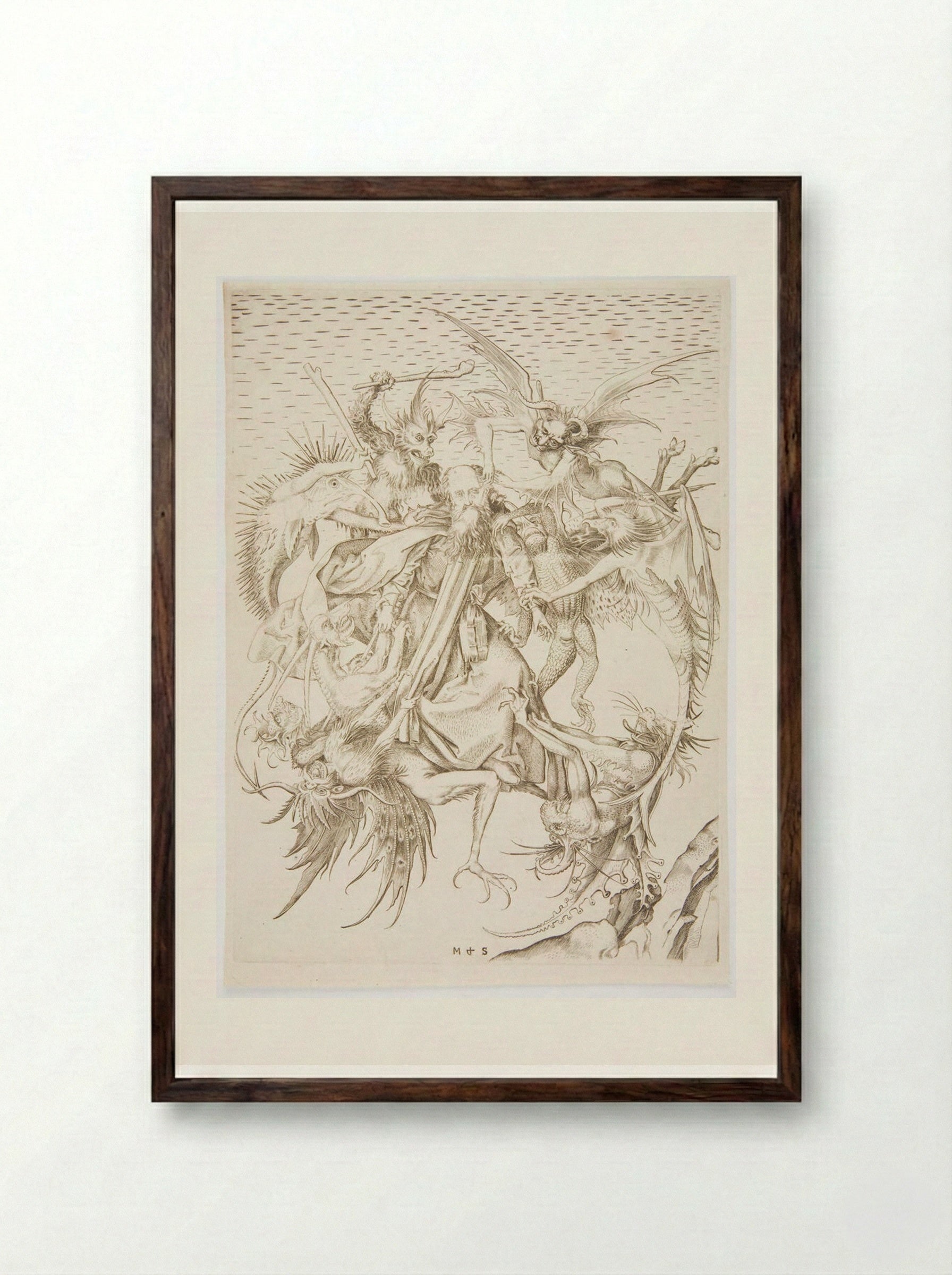 Saint Anthony Tormented by Demons - Martin Schongauer - Framed Print Dark Wood