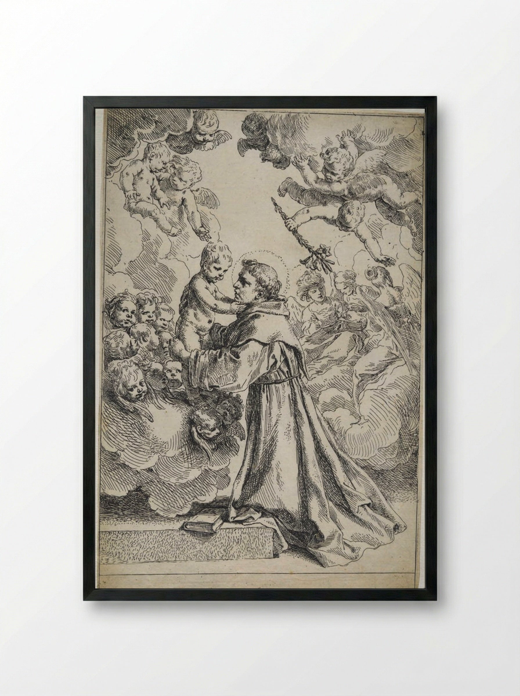 Saint Anthony of Padua Adoring the Christ Child - Simone Cantarini - Framed Print Black