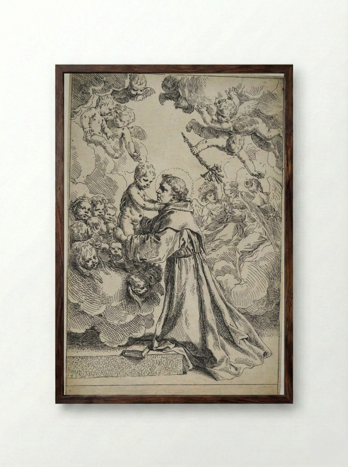 Saint Anthony of Padua Adoring the Christ Child - Simone Cantarini - Framed Print Dark Wood