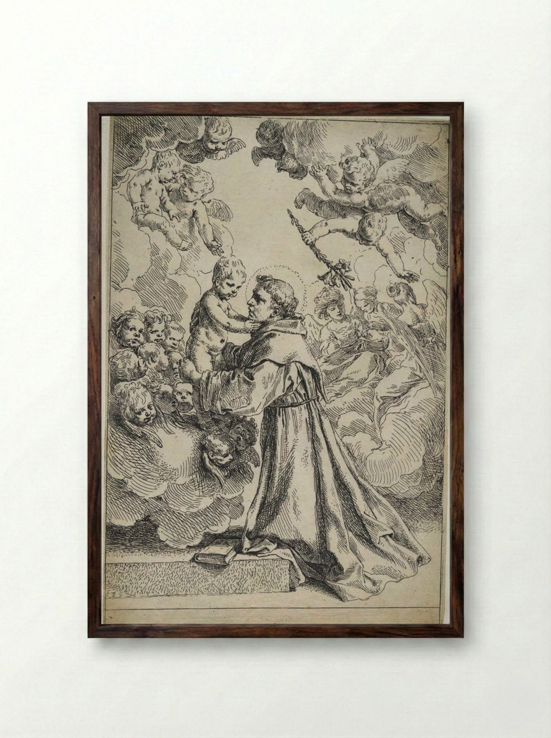 Saint Anthony of Padua Adoring the Christ Child - Simone Cantarini - Framed Print Dark Wood