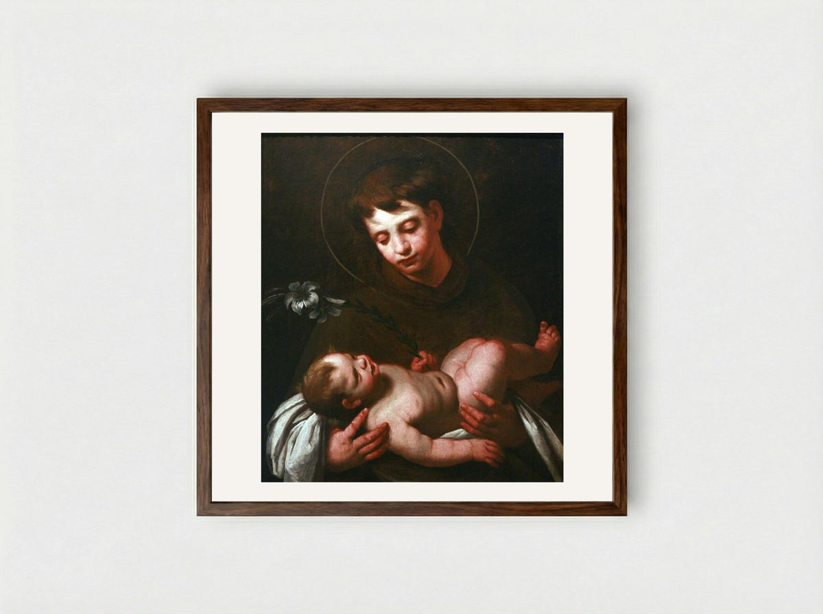 Saint Antony of Padua holding Baby Jesus - Bernardo Strozzi - Framed Print Dark Wood