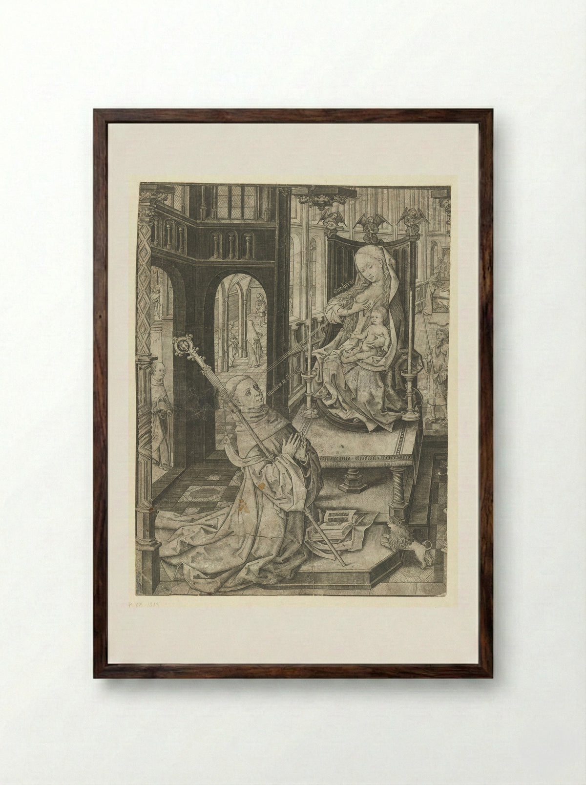 Saint Bernard Kneeling Before the Virgin and Child - Meester IAM van Zwoll - Framed Print Dark Wood