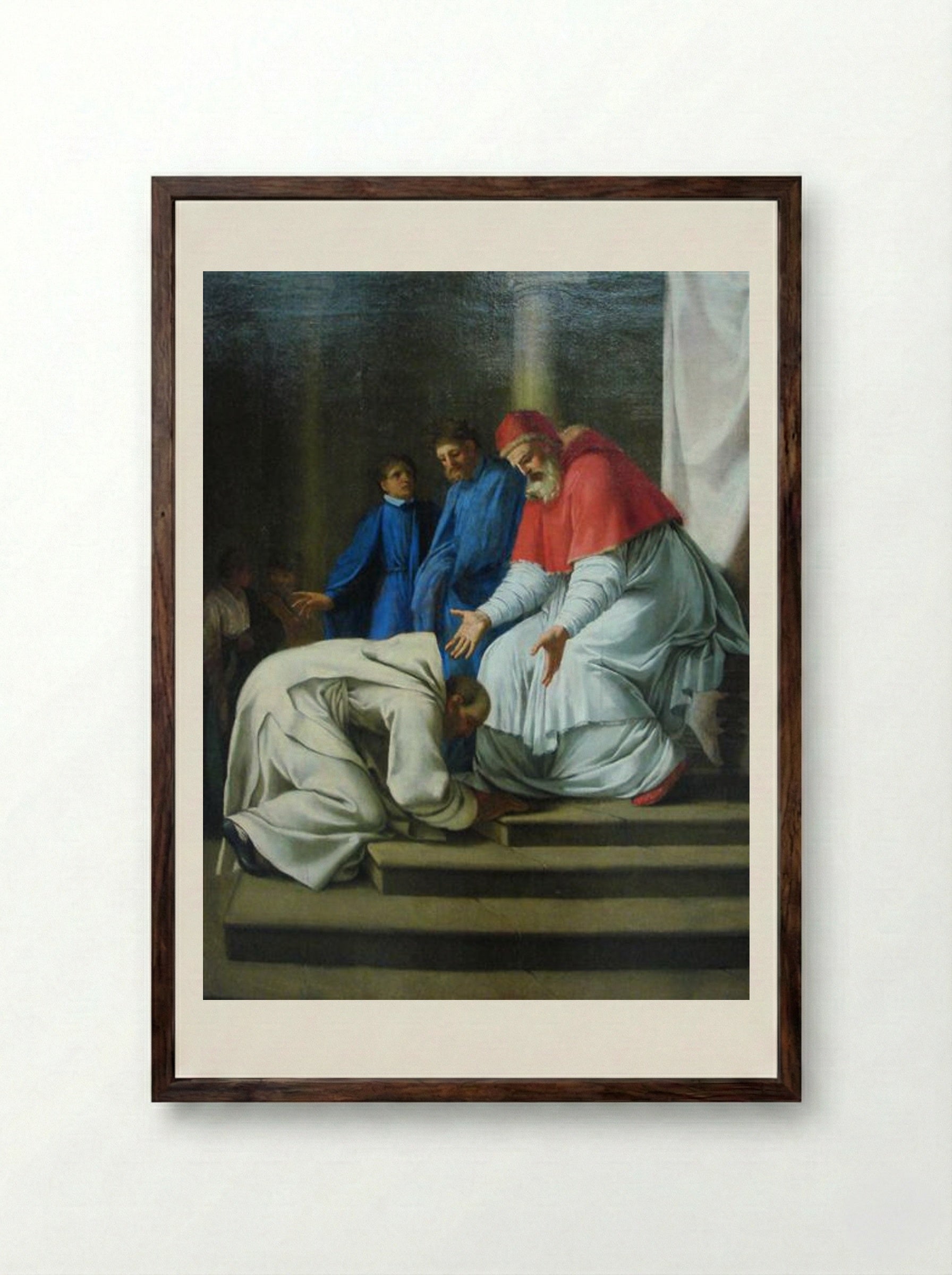 Saint Bruno at the feet of Pope Urban II - Eustache Le Sueur - Framed Print Dark Wood