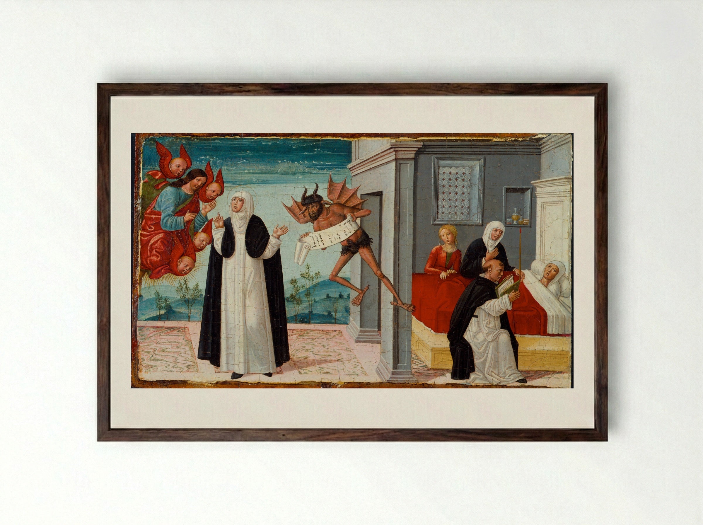 Saint Catherine of Siena Intercedes with Christ to Release the Dying Sister Palmerina from Her Pact with the Devil - Girolamo di Benvenuto di Giovanni del Guasta - Framed Print Dark Wood