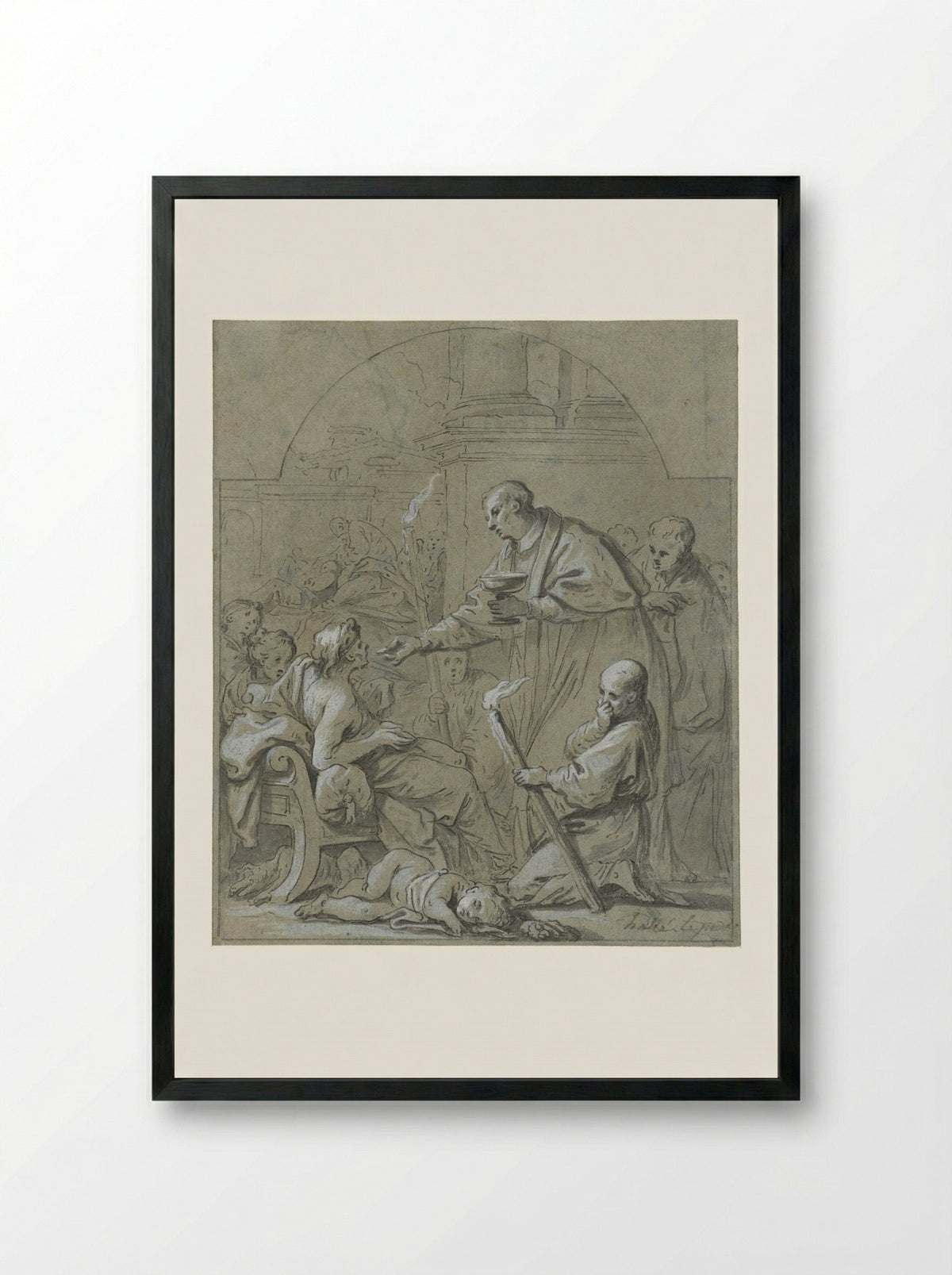 Saint Charles Borromeo Administering the Last Communion to Plague Victims - Claude Guy Hallé - Framed Print Black