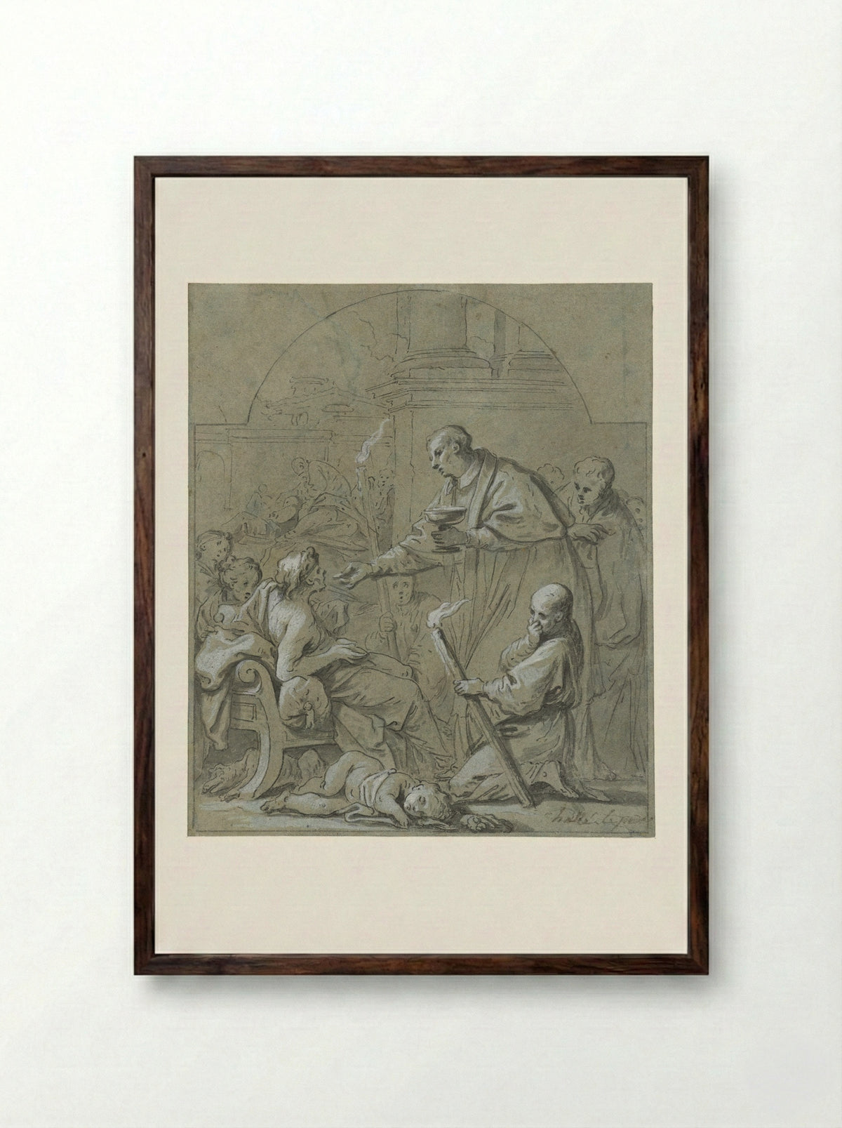 Saint Charles Borromeo Administering the Last Communion to Plague Victims - Claude Guy Hallé - Framed Print Dark Wood