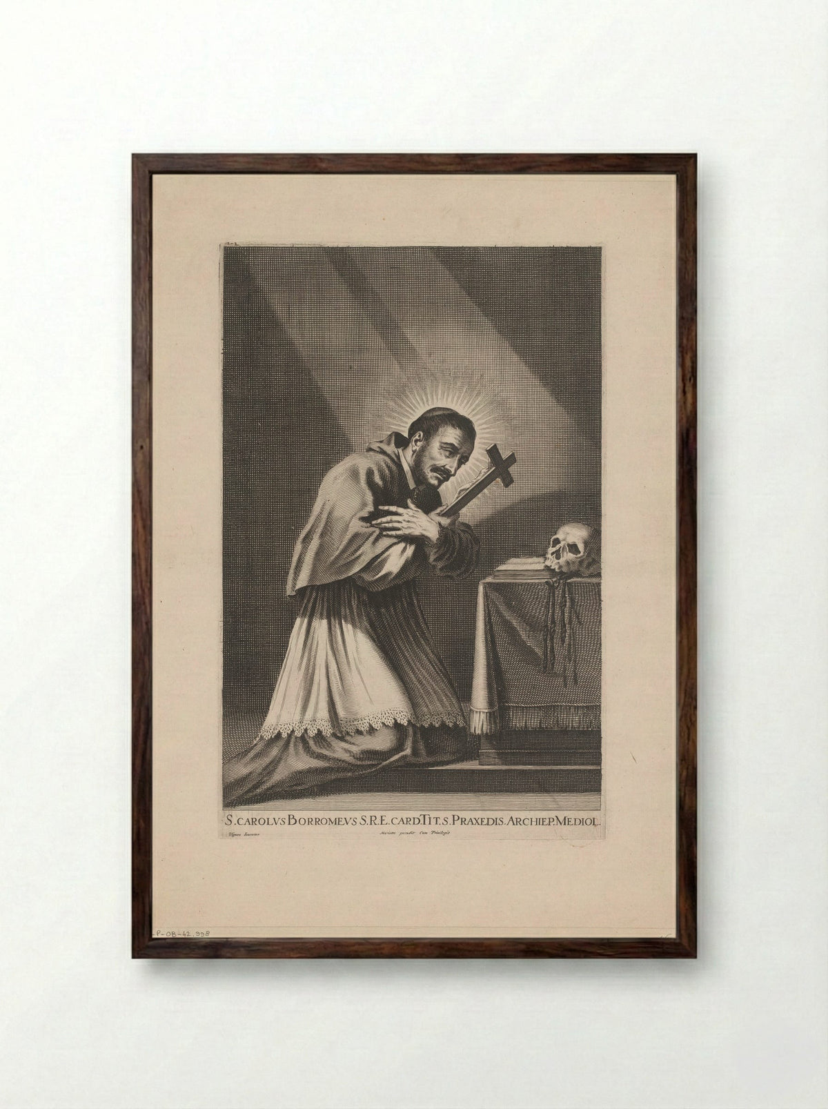 Saint Charles Borromeo in Prayer - Jean Couvay - Framed Print Dark Wood