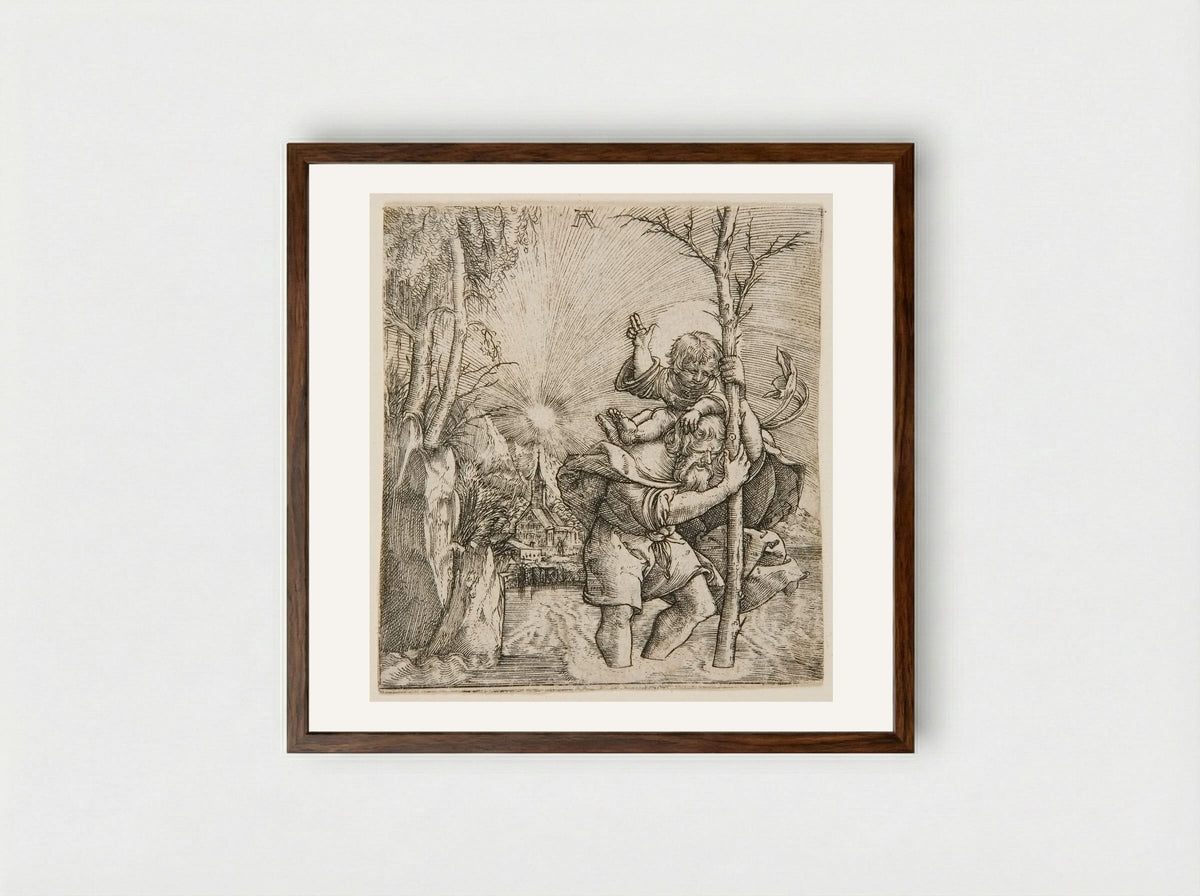 Saint Christopher Carrying the Christ Child - Albrecht Altdorfer - Framed Print Dark Wood
