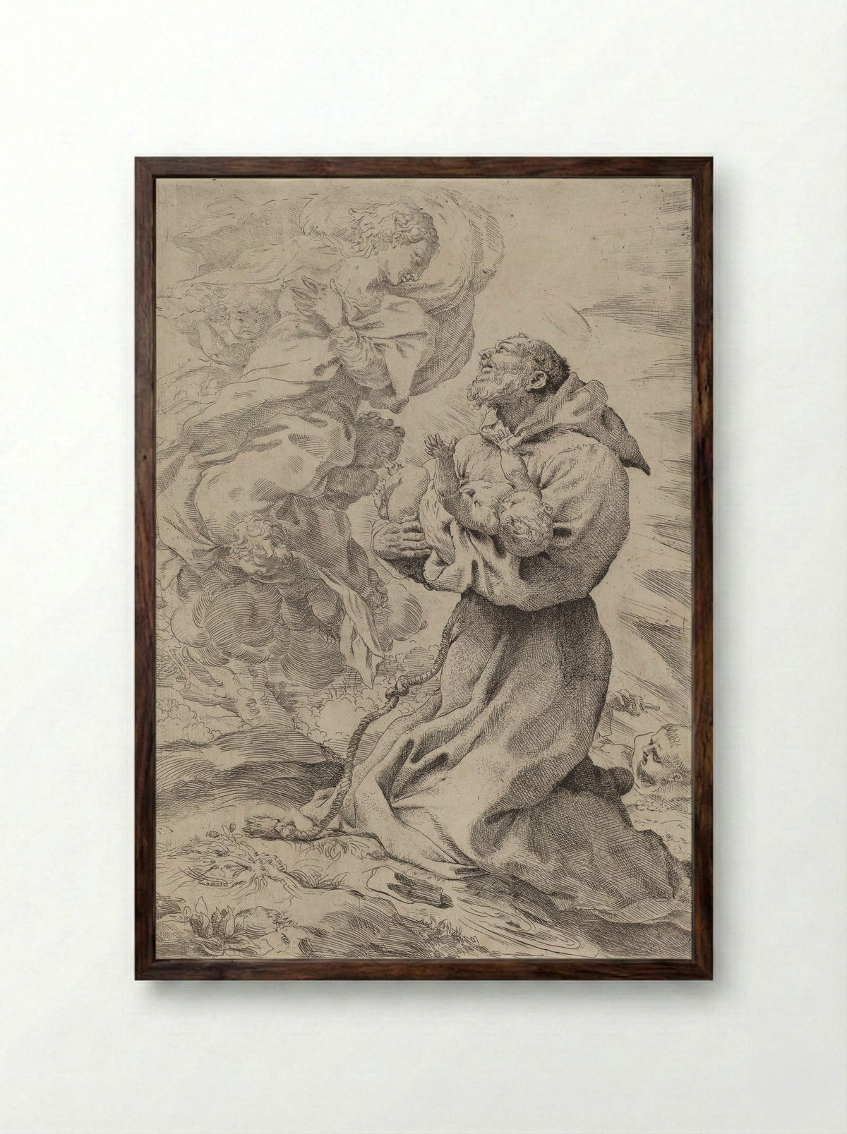Saint Francis Receiving the Christ Child from the Virgin - Pietro Faccini - Framed Print Dark Wood