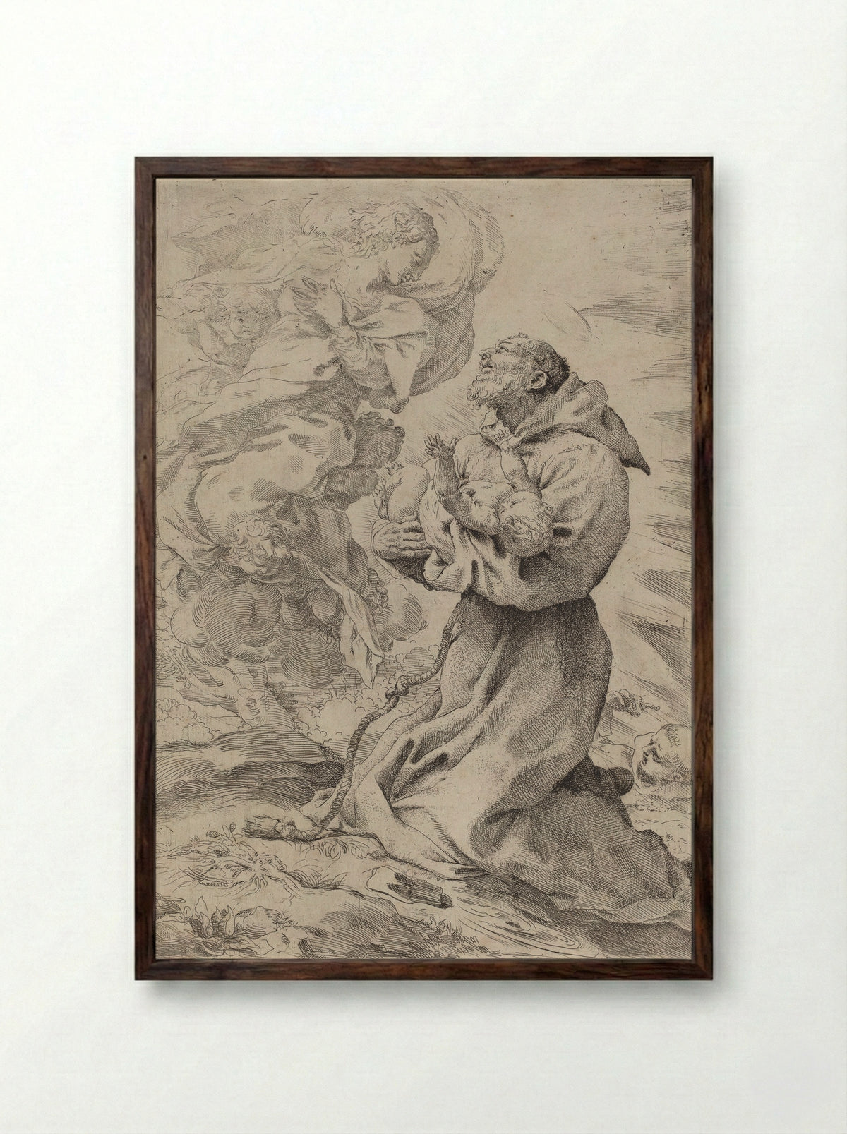 Saint Francis Receiving the Christ Child from the Virgin - Pietro Faccini - Framed Print Dark Wood