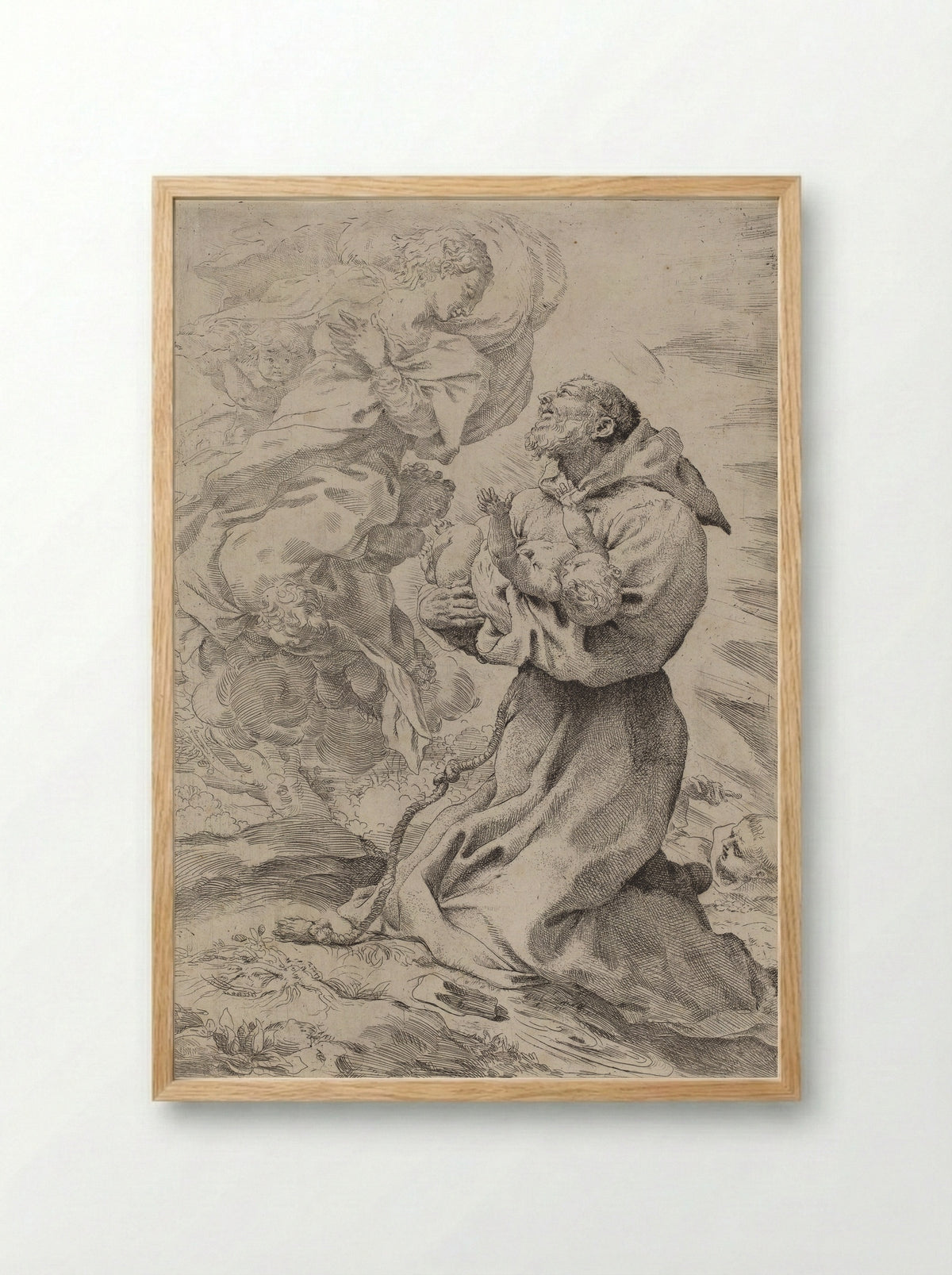 Saint Francis Receiving the Christ Child from the Virgin - Pietro Faccini - Framed Print Wood