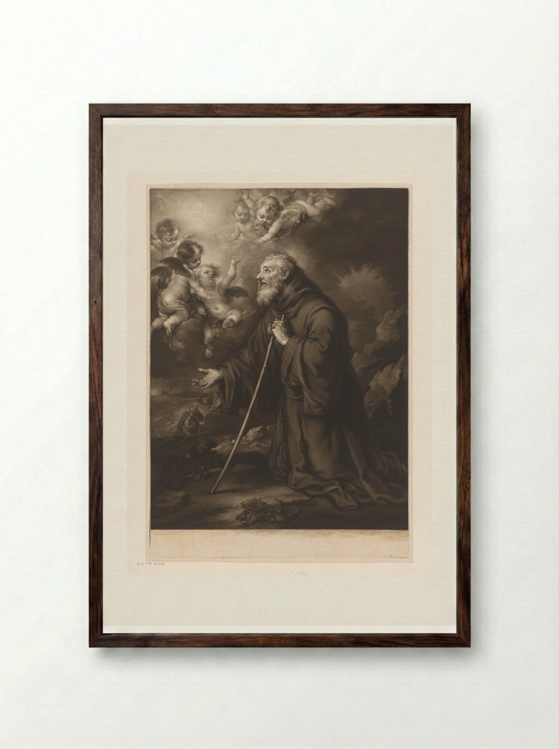 Saint Francis of Paola in Prayer - James McArdell - Framed Print Dark Wood